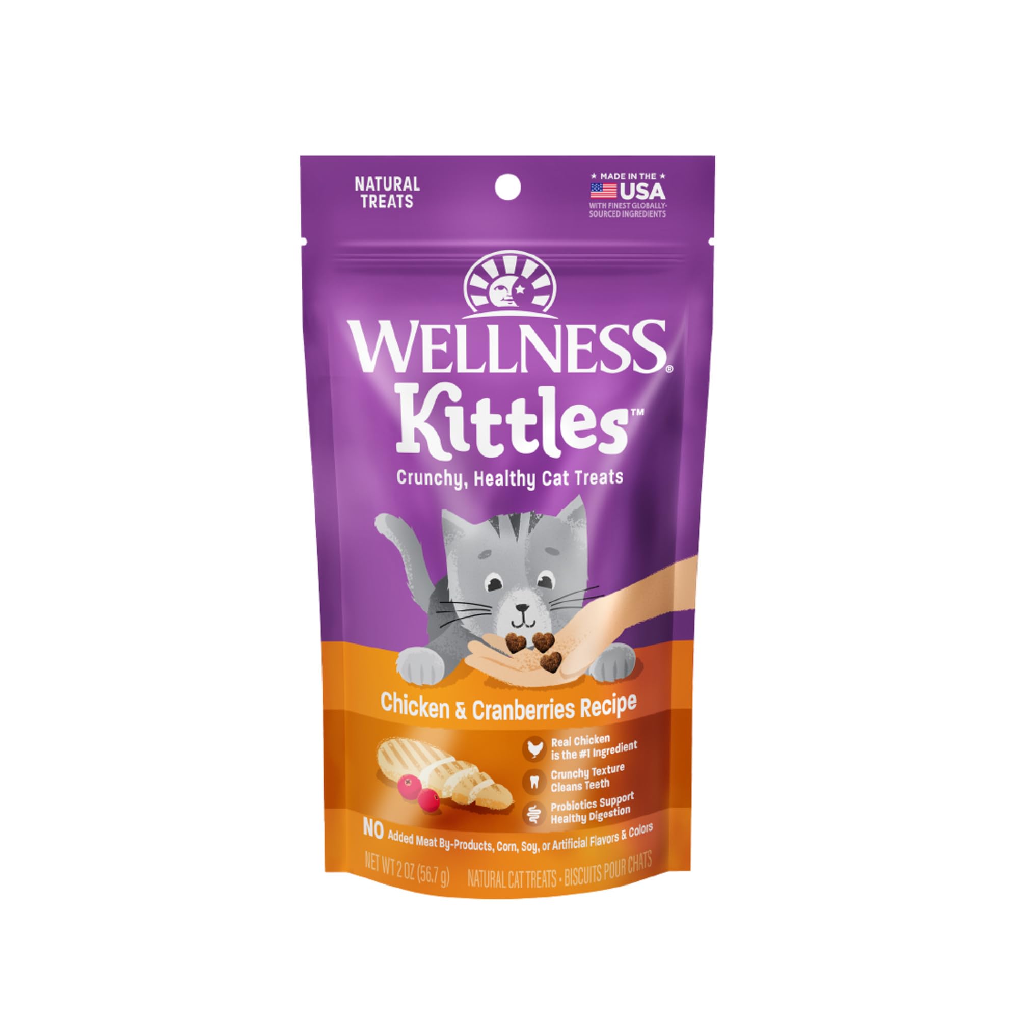 Wellness Kittles Crunchy Natural Grain-Free Cat Treats, Chicken & Cranberry, 2-Ounce Bag