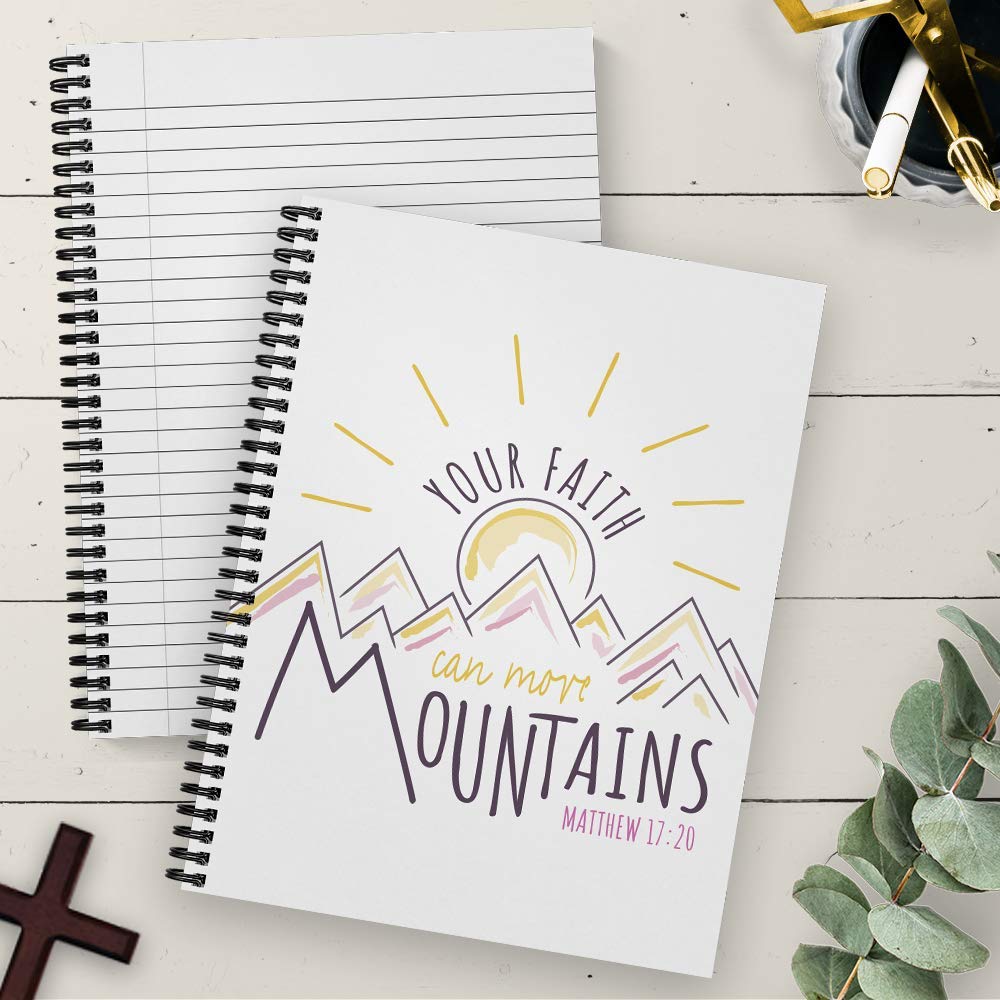 Softcover Faith Moves Mountains Notizbuch/Tagebuch, 21,6 x 27,9 cm, liniert, strapazierfähig, glänzend, laminierter Einband, schwarze Drahtspirale. Hergestellt in den USA