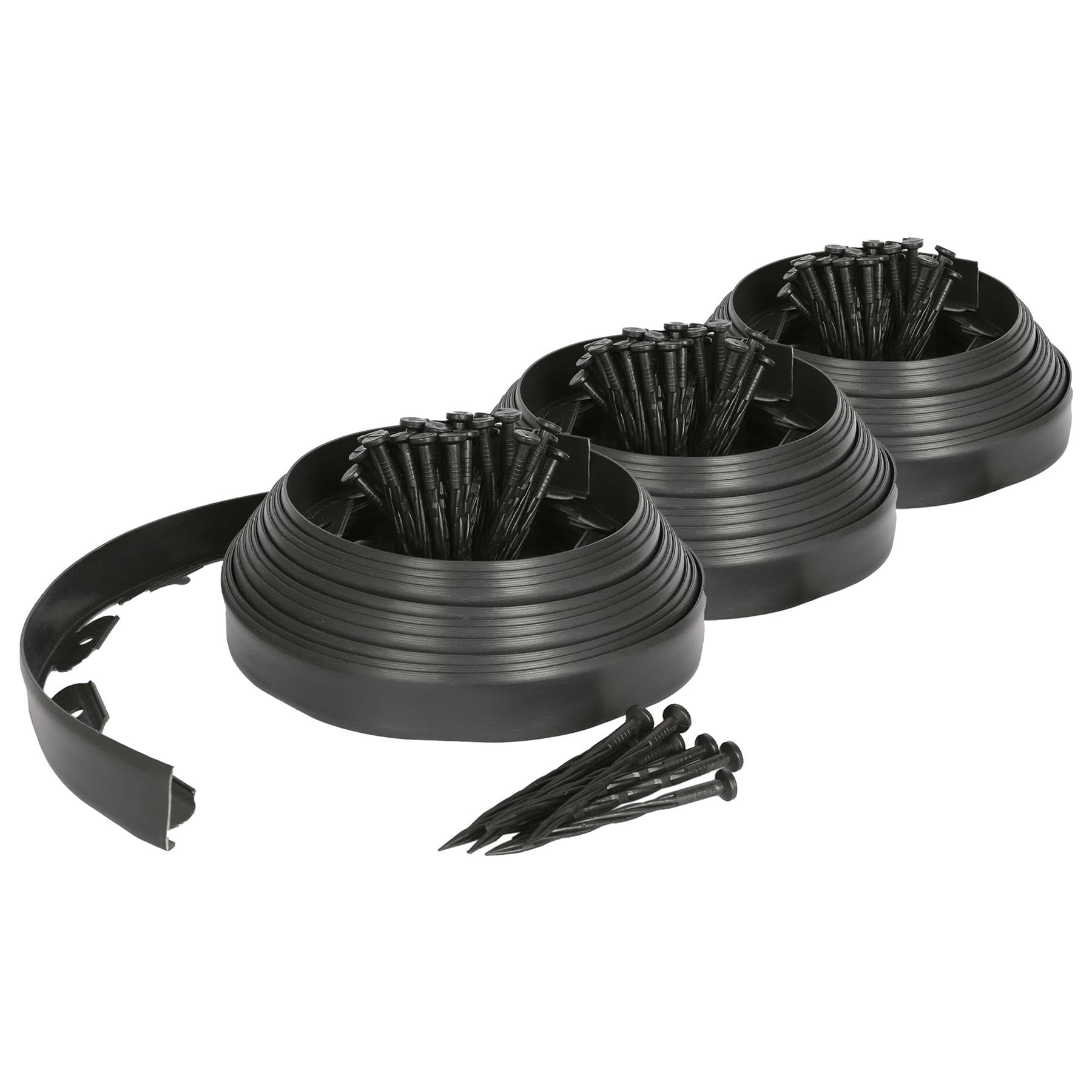 Harbour Housewares 30m Flexible Lawn Edging with 120 Pegs - Black - Plastic Garden Edging Grass Border Flower Bed Stone Path Edge Height 4cm Patio Landscaping Divider Palisade