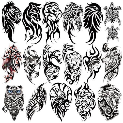 77 Feuilles Tatouages Temporaires, 17 Feuilles Tatouages Demi-Bras Tribaux Lion Hibou Loup Tortue pour Adultes Hommes Femmes, 60 Feuilles...