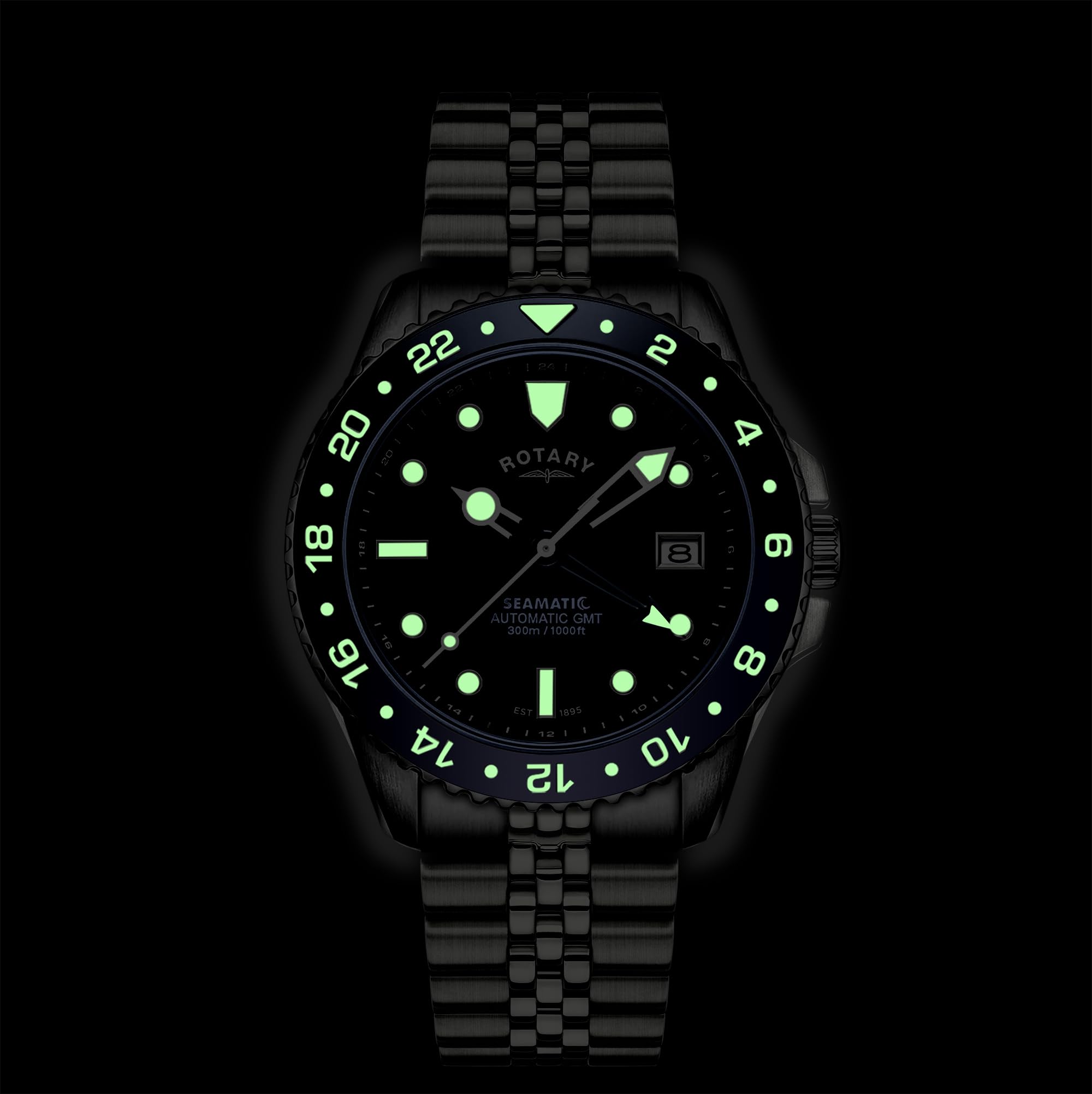 Rotary Seamatic GMT Herren-Armbanduhr, wasserdicht, blaues Zifferblatt, Edelstahl-Armband, 300 m
