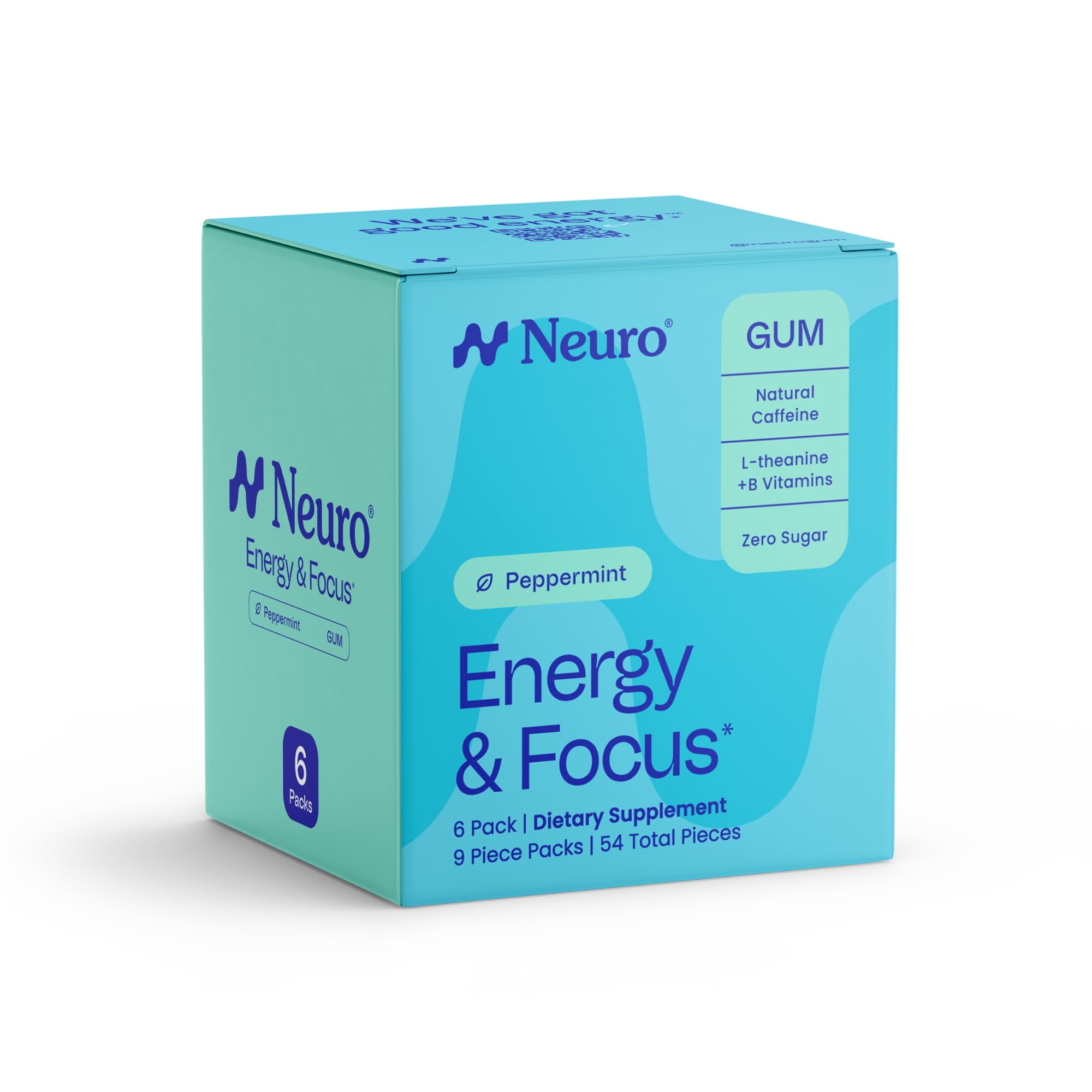 Neuro Energy & Focus Gum - 40mg Natural Caffeine Gum & Nootropic Energy Supplement with L-Theanine & B Vitamins - Sugar Free, Vegan - Peppermint, 54ct