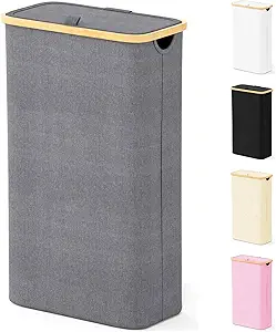SpaceAid Slim Laundry Hamper with Lid, 65L Narrow Clothes Basket Bin with Bamboo Handles, Skinny Tall Collapsible Hamper for Bedroom, Bathroom, Dorm, Laundry Room - Grey