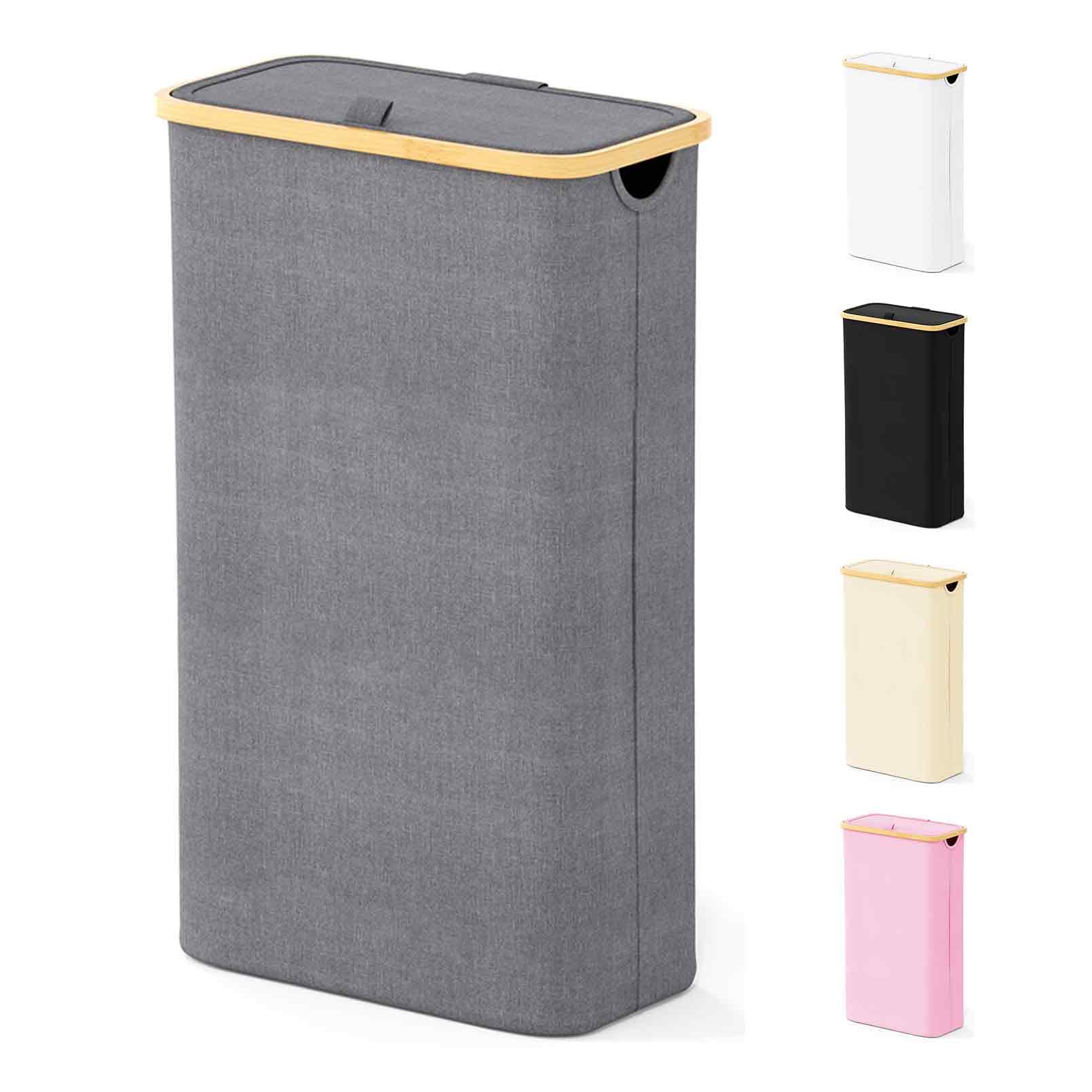 SpaceAid Slim Laundry Hamper with Lid, 65L Narrow Clothes Basket Bin with Bamboo Handles, Skinny Tall Collapsible Hamper for Bedroom, Bathroom, Dorm, Laundry Room - Grey