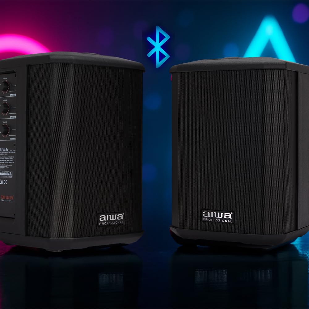 AIWA AX-1PRO Altavoz Activo portátil con batería, 100 W RMS con DSP, Bluetooth 5.0 TWS, 3 Canales de Mezcla, 106 dB, entradas XLR/Jack, USB, Vaso para Soporte de 35 mm