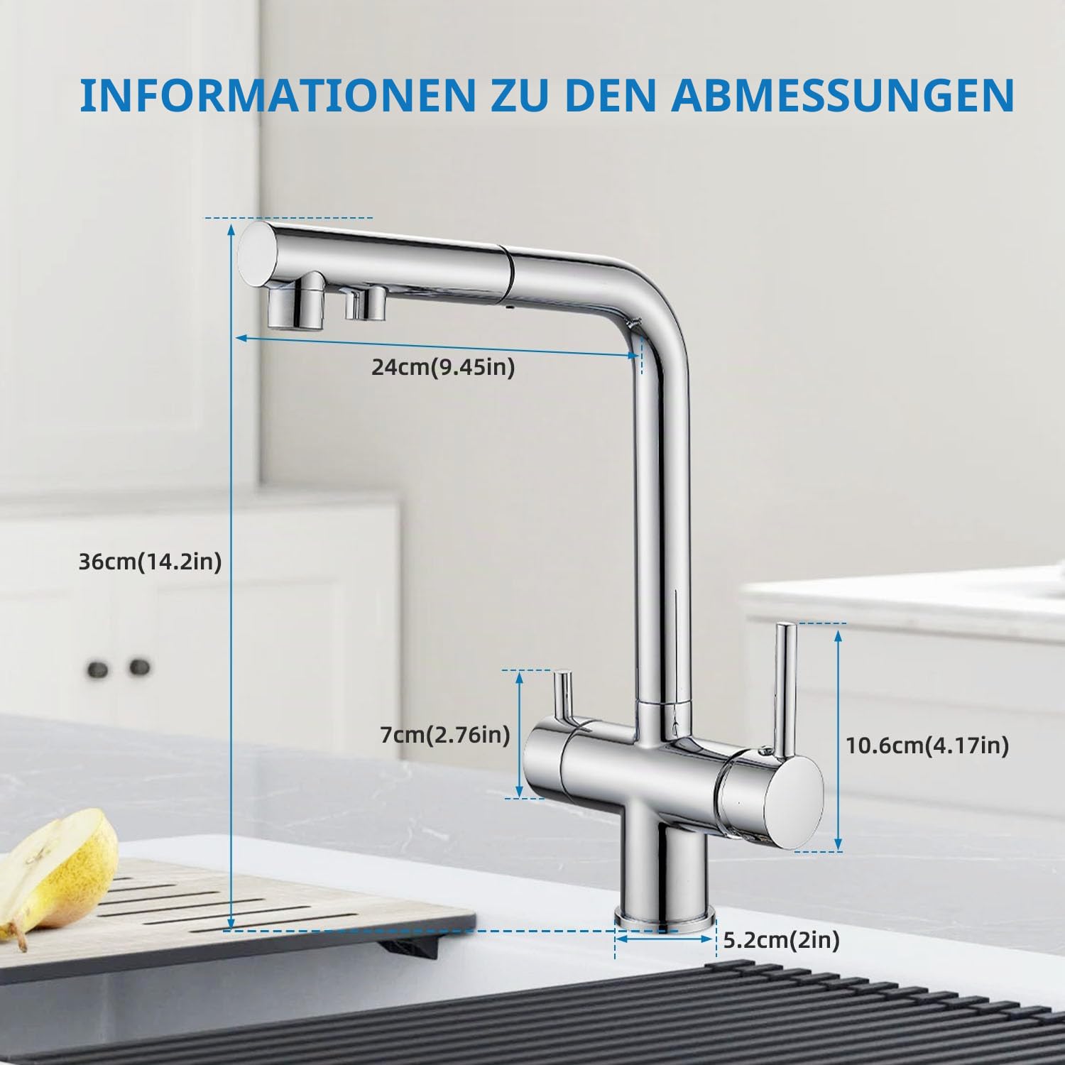 3-Wege-Küchenarmatur, 360° drehbarer Wasserhahn, Mischbatterie für Spüle mit flexiblem Auslauf, Wasserhahn für Küchenspüle für kaltes und warmes Wasser und Filter