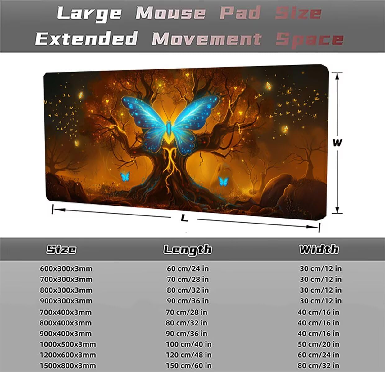 Podkładka pod mysz do gier XXL duża mysz 1500 x 800 x 3 mm, duża podkładka pod biurko z antypoślizgową gumową podstawą dla graczy PC, poprawia precyzję i szybkość motyla PjY17059 N-U