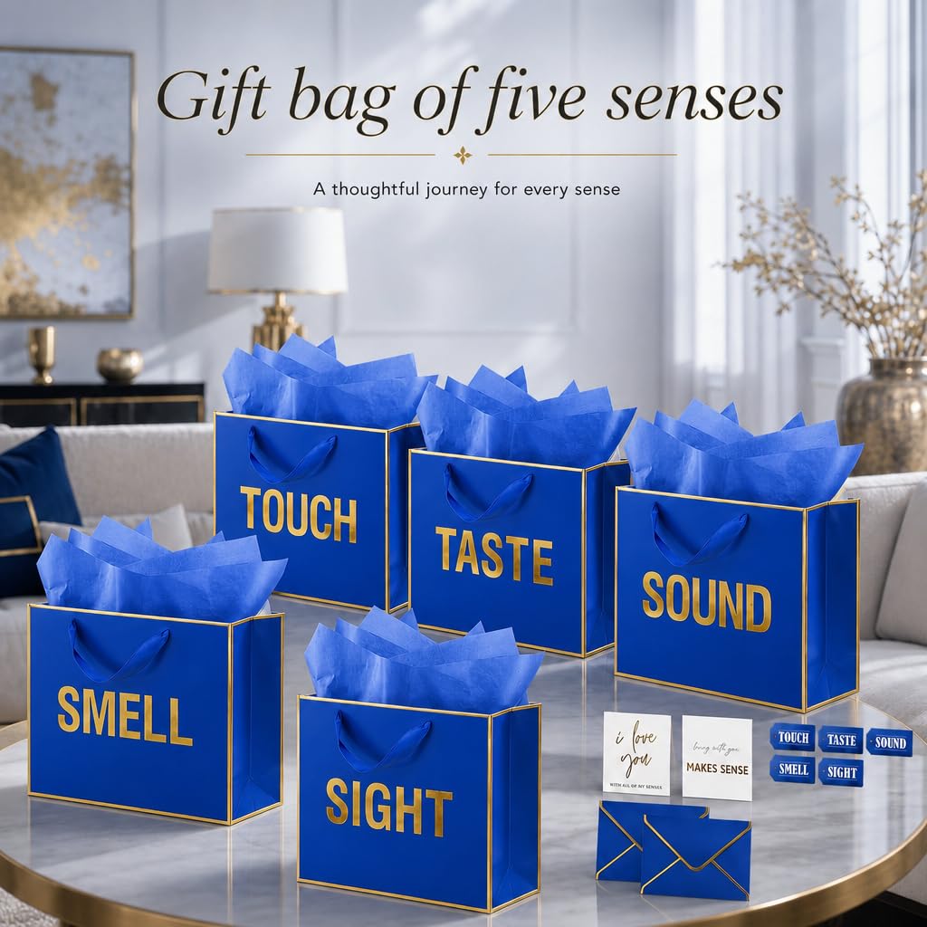 Large Gold Foil 5 Senses Gift Bags For Him Her with Labels Envelopes and Cards, Sight Smell Touch Taste Sound Gift Bags with Tissue Paper For Birthday, Anniversary, Mother'S Day, Valentine's Day 12 x 10 x 4 (Blue)