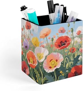 Colorful Floral Pen Holder Office Supplies for Desk Storage | Smooth PU Leather Pencil Cup Case, Square Desk Organizer, for Pen Remote Brush Stationery Office Supplies Daily Essentials