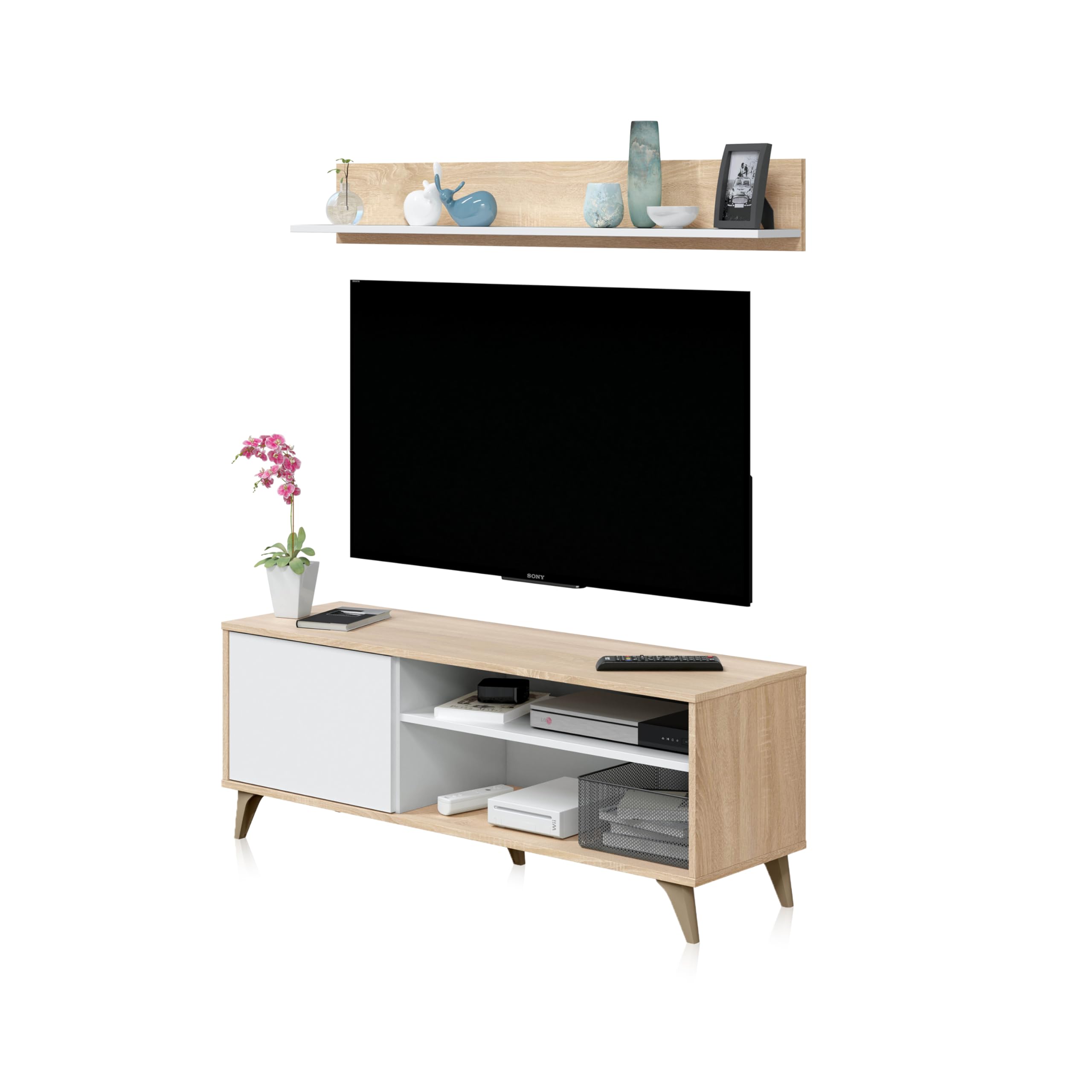 Habitdesign Modulo TV con Estante, Mueble de Salon, Juego de Muebles, Modelo Kikua Plus, Acabado en Blanco Artik y Roble Canadian, Medidas: 135 cm (Ancho) x 50 cm (Alto) 40 cm (Fondo)