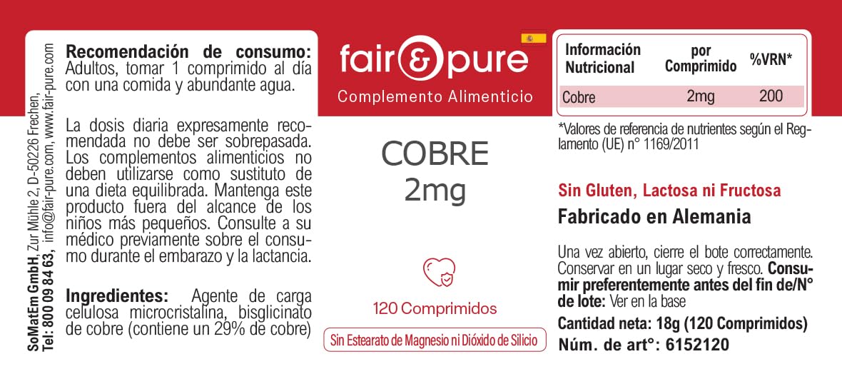 Fair & Pure® - Rame bisglicinato 2mg - Integratore di rame - Buona disponibilità biologica - Vegan - 120 Compresse