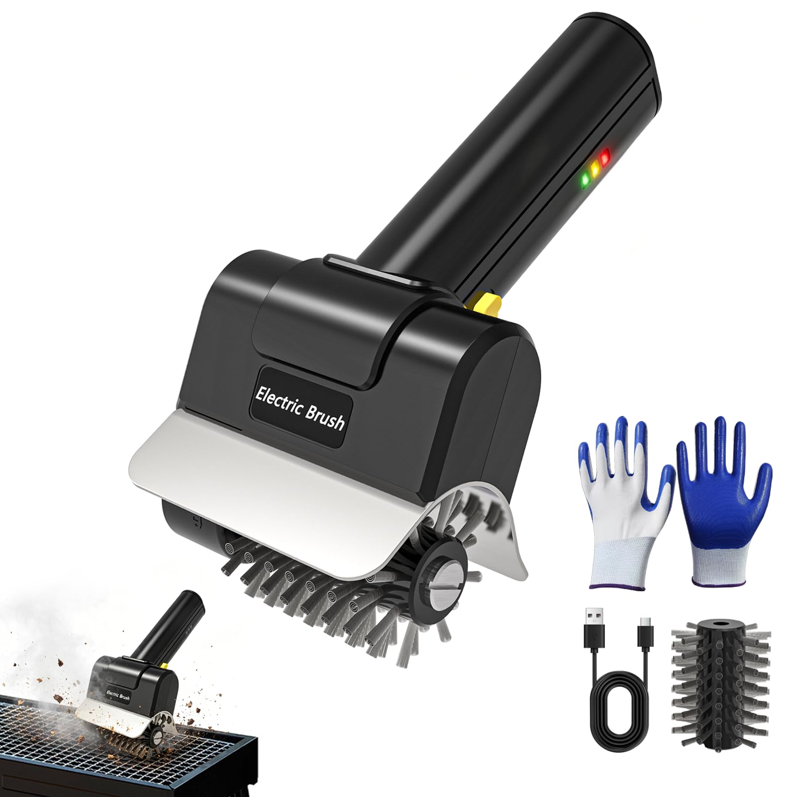 Elektrische Grillbürste, 1100 RPM Grillreiniger, Wasserdicht Grillbürste für Gussrost, 100 Min Laufzeit Tragbare Edelstahl Grill Reinigungsbürste