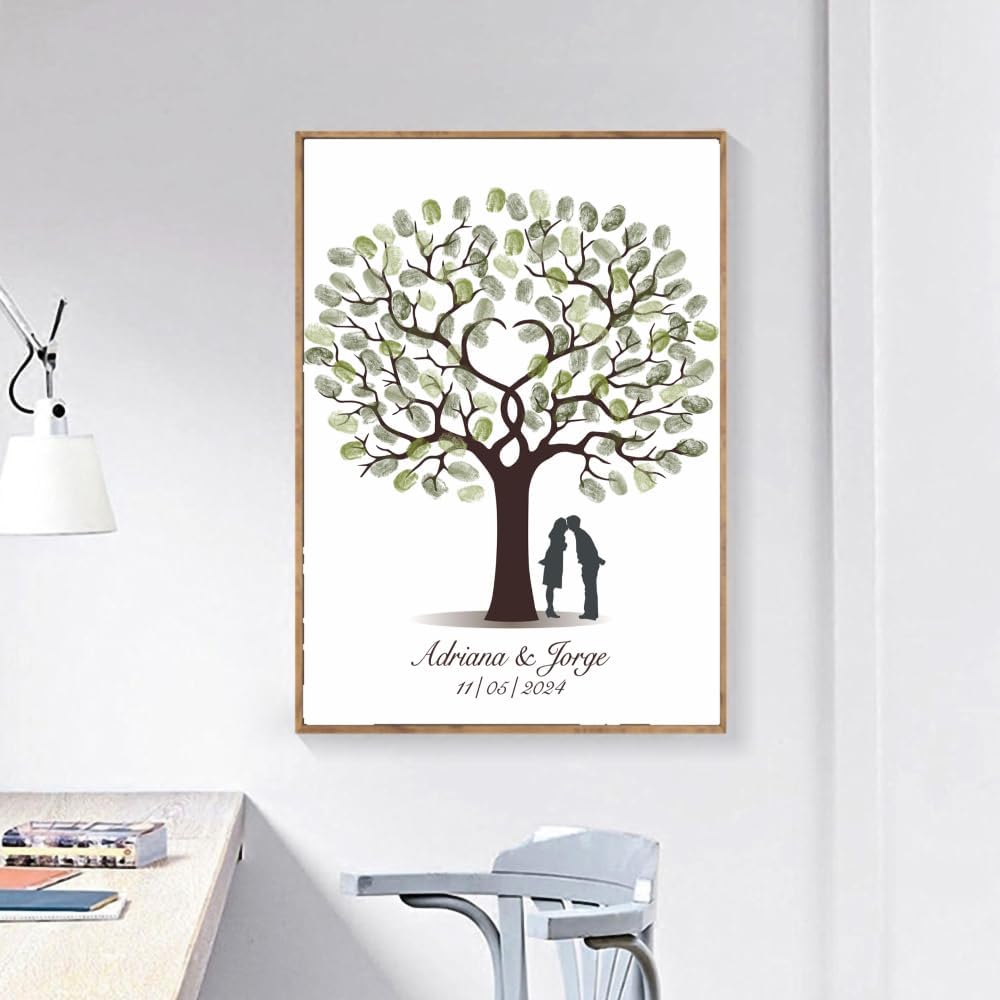 DIY Fingerprints Wedding Sign-in Guest Book Canvas Groom and Bride Painting with Wooden Frame Personalized Wedding Gift for Couple Anniversary Party Decorstions (Love kiss)