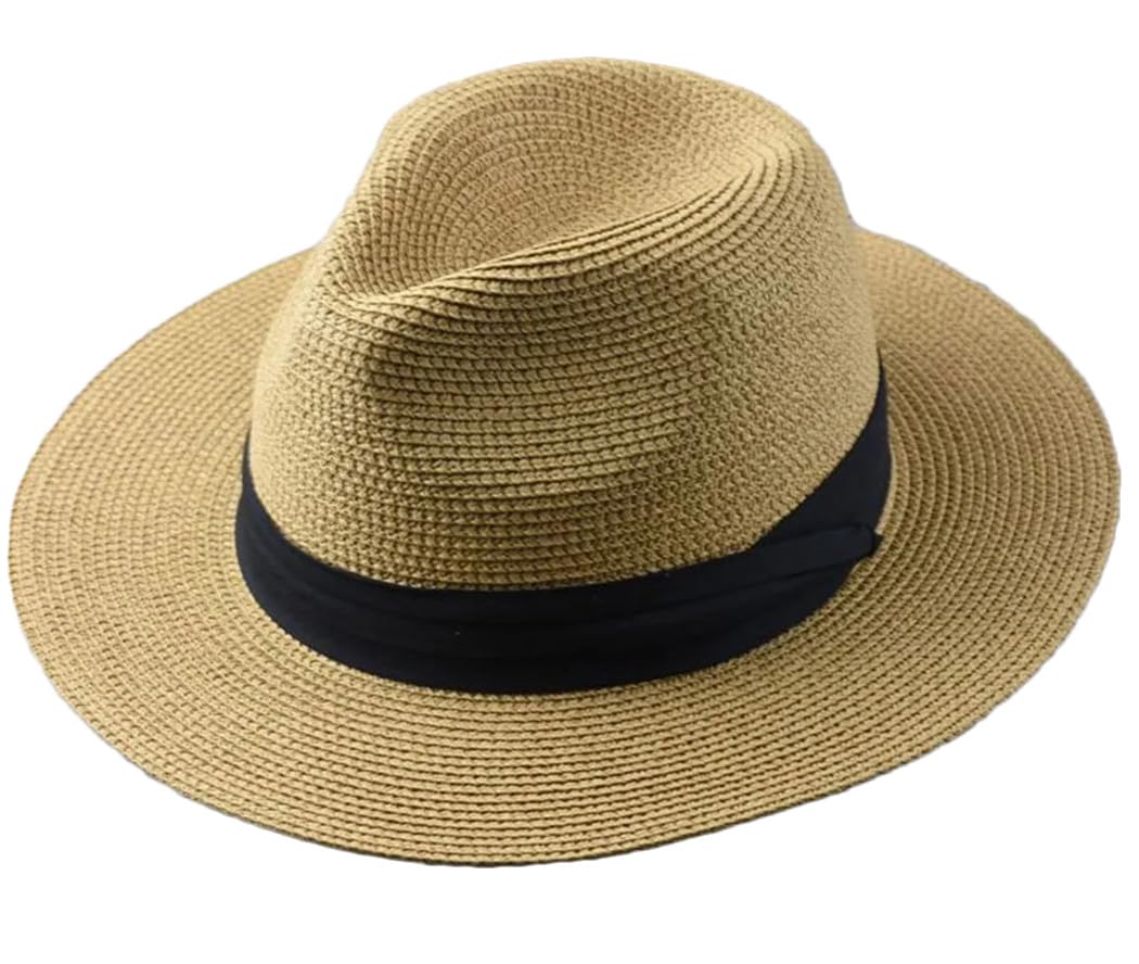 DBFBDTU Cappello da sole in paglia per uomo, cappello Panama da uomo, per pesca all'aperto, spiaggia, cappello a cilindro pieghevole