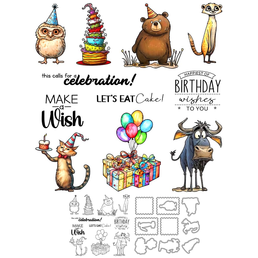 YIXUANHappy Birthday to Cute Animals Cakes Clear Stamp Metal Cutting Dies Set for Card Making DIY Scrapbooking Supplies Silicone Stamp knfie Mold with Plastic Bag for Albums Crafts Decor