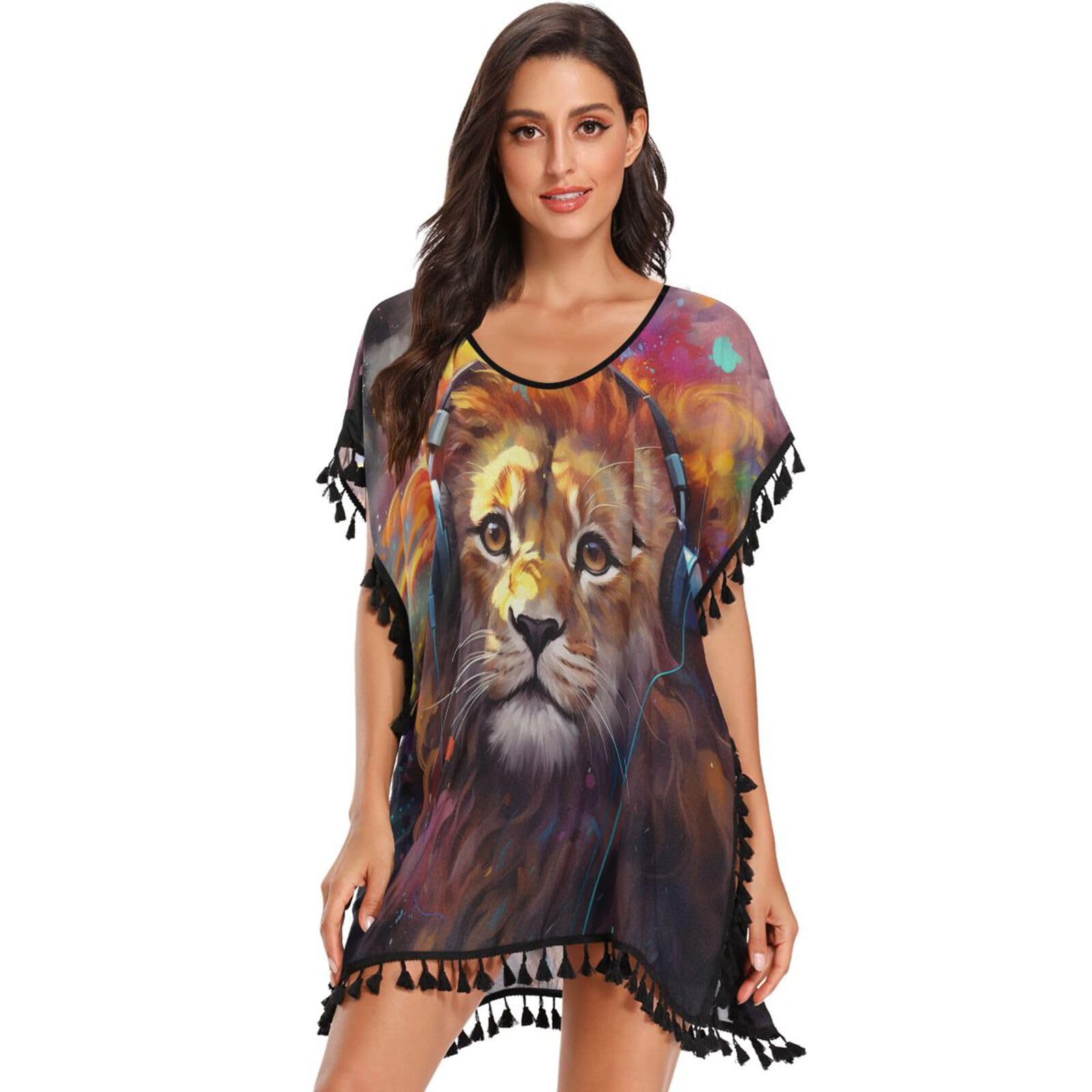 Cool Watercolor Baby Lion Art Women's Beach Cover Up Chiffon Tassel Swimwear Swimsuit Coverups for Girl