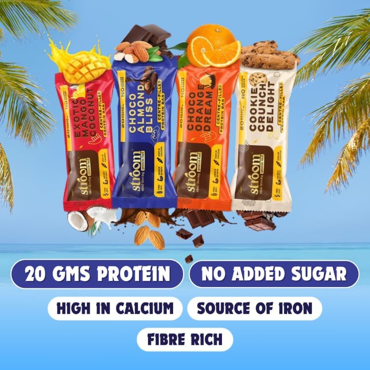 Image of STROOM Asia's First Centre Filled Protein Bar | Pack of 4 | 20g Quality Protein bars | Honey Sweetened | Source of Fibre & Iron l 252 gms (63 gms each bar)
