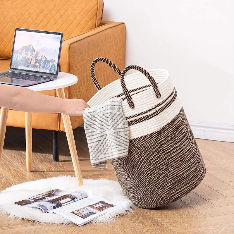 Image of Storage Cotton Rope Basket and Laundry Hamper for Dirty Clothes, Towels, Blankets, Pillows Storage in Living Room, Laundry Room and Bedroom (Camel Mix, 15x18 Inch)