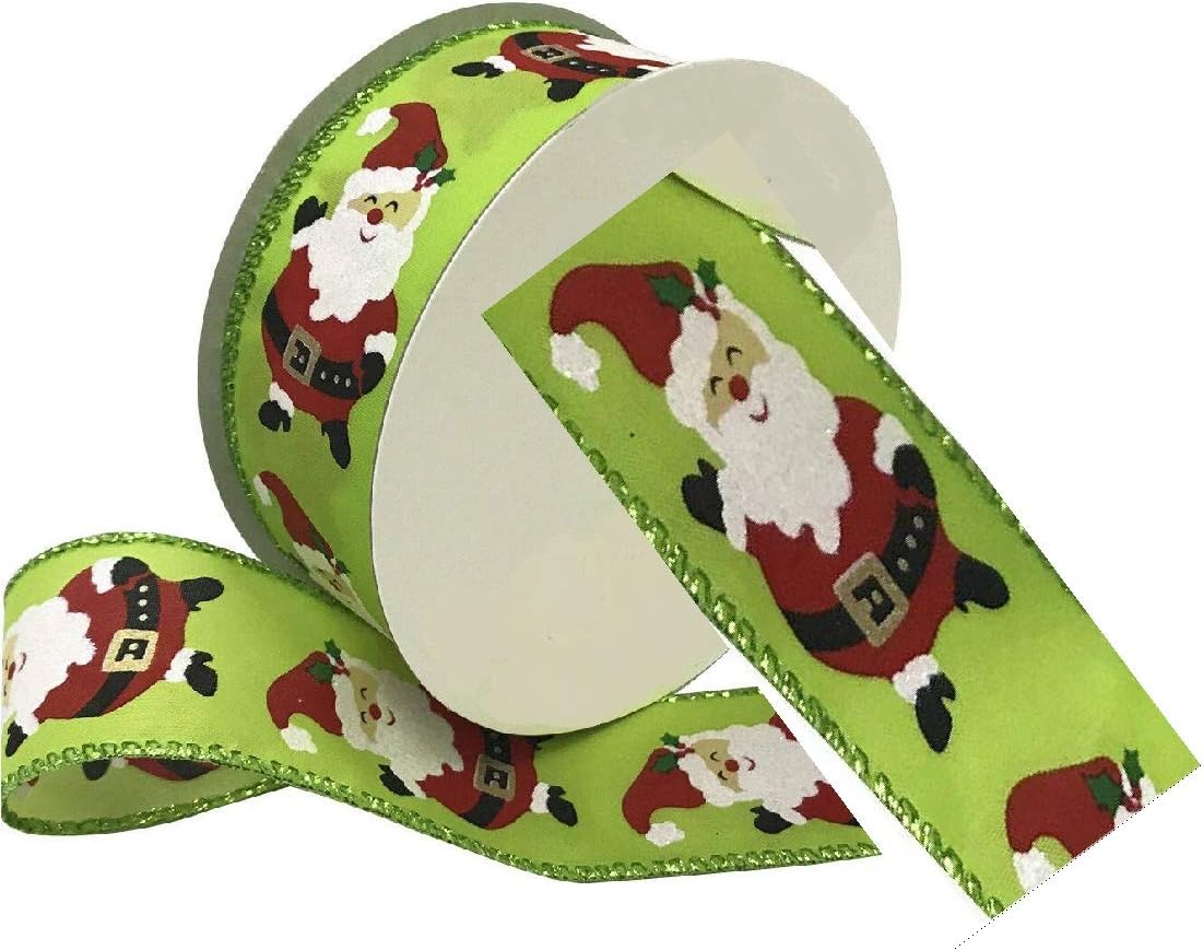 Santa on Lime Green RIBBON Glitter Wired Edge 1.5 x 30' Dancing Santa, Christmas, Holiday Design