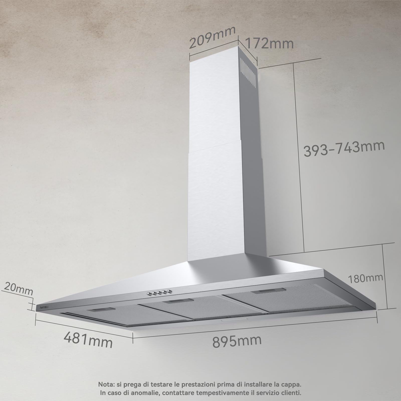 Hermitlux Cappa Aspirante 90 cm, Flusso d'aria 350m³/h, Cappe Cucina con Carbone Attivo, 3 Livelli di Aspirazione, Illuminazione Led, Acciai Inossidabili, 53dB
