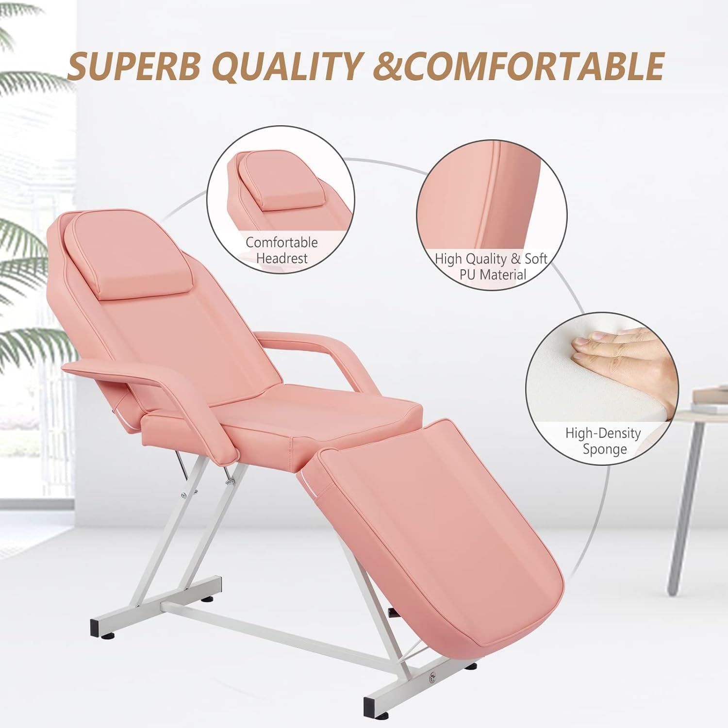 Tavolo Massaggio Pieghevole 3 Zone 185x70 cm Rosa | Sgabello Portatile Tavolo Massaggio in pelle PU Per salone Estetista Tattoo