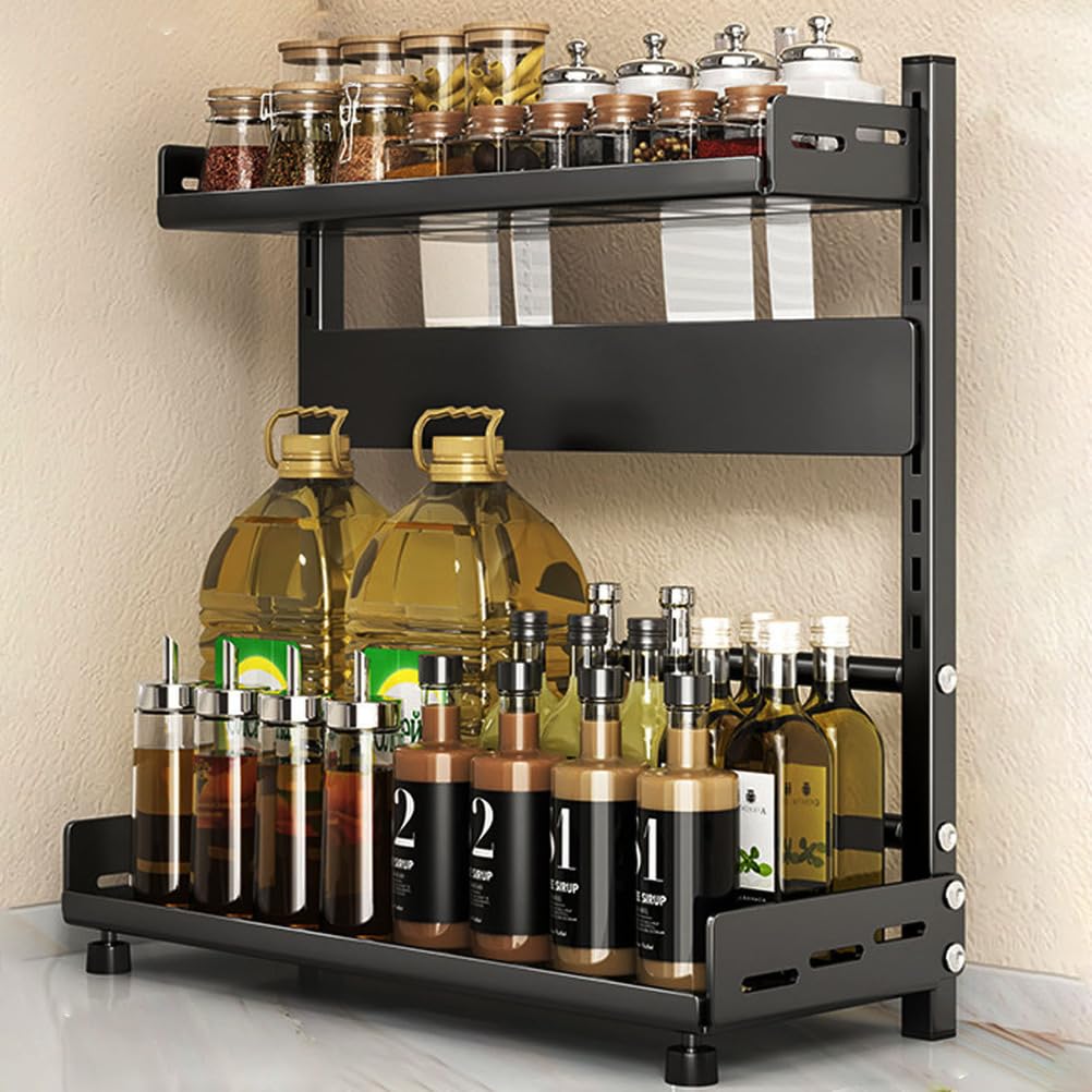 Wemune Spice Rack Organizer for Cabinet, Multi-Function 2-Tier Spice Rack for Countertop, Kitchen Countertop Organizer, Metal Spice Shelf for Spices, Cans, Jars, Kitchen Utensils,Black,40cm