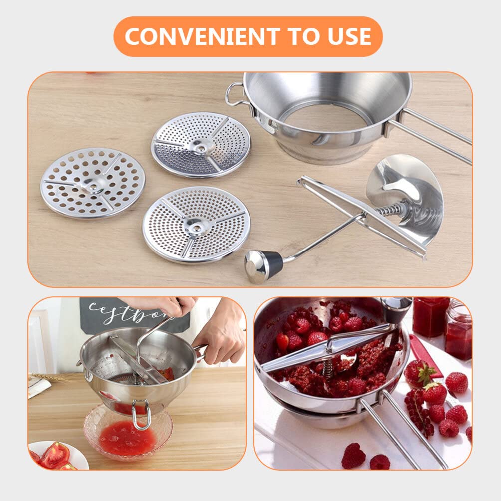 UPKOCH 1 juego de molino de alimentos rotativo de acero inoxidable para frutas y verduras, molinillo de manivela de mano, prensador de papas, prensa manual de trituradora de cocina, herramienta
