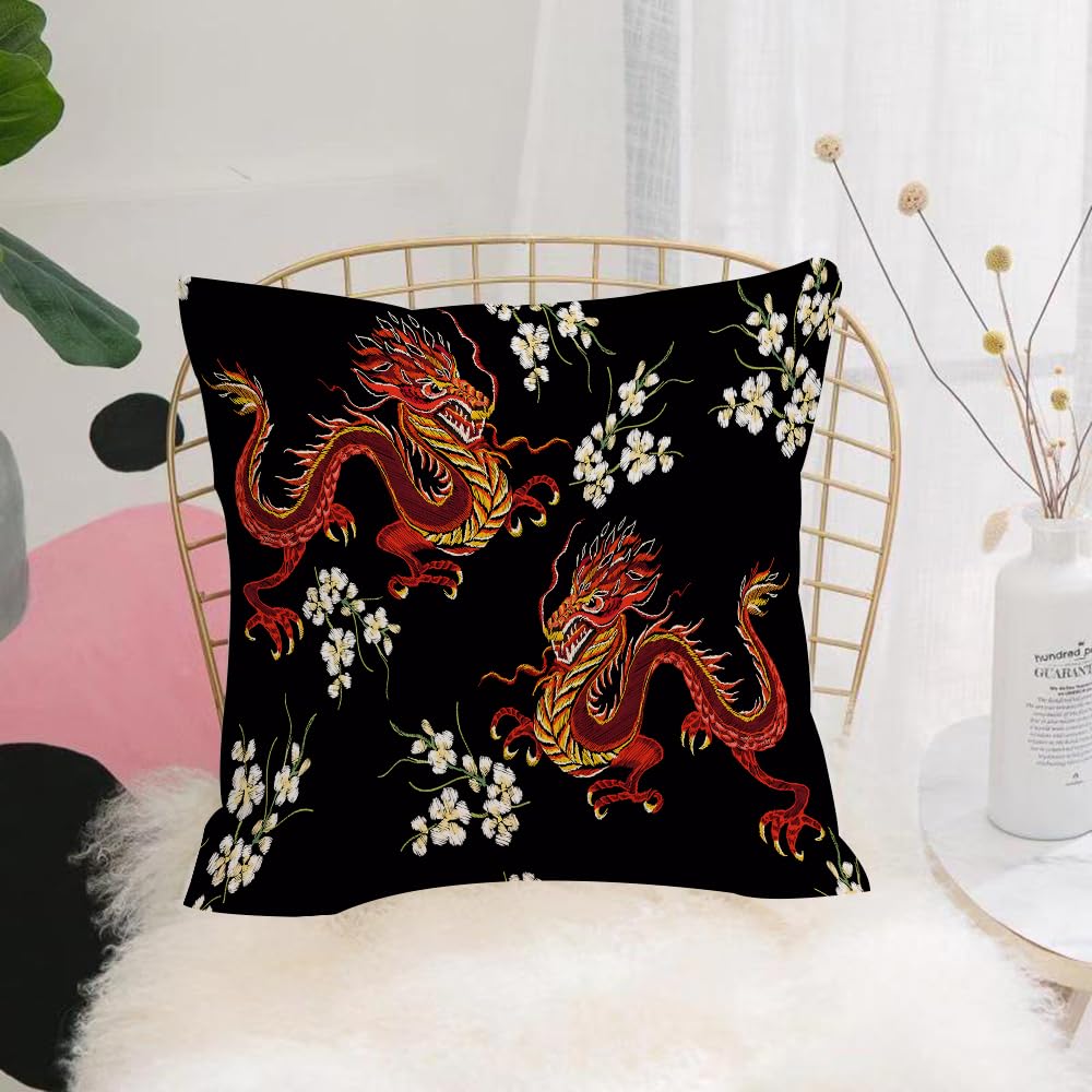 HYMSXW Cushion Cover,Throw Pillow Case Home Decorative for Living Room Bedroom Sofa Chair 20X20 Inch,Descending red oriental dragon on a black background,Pillowcase 50X50cm