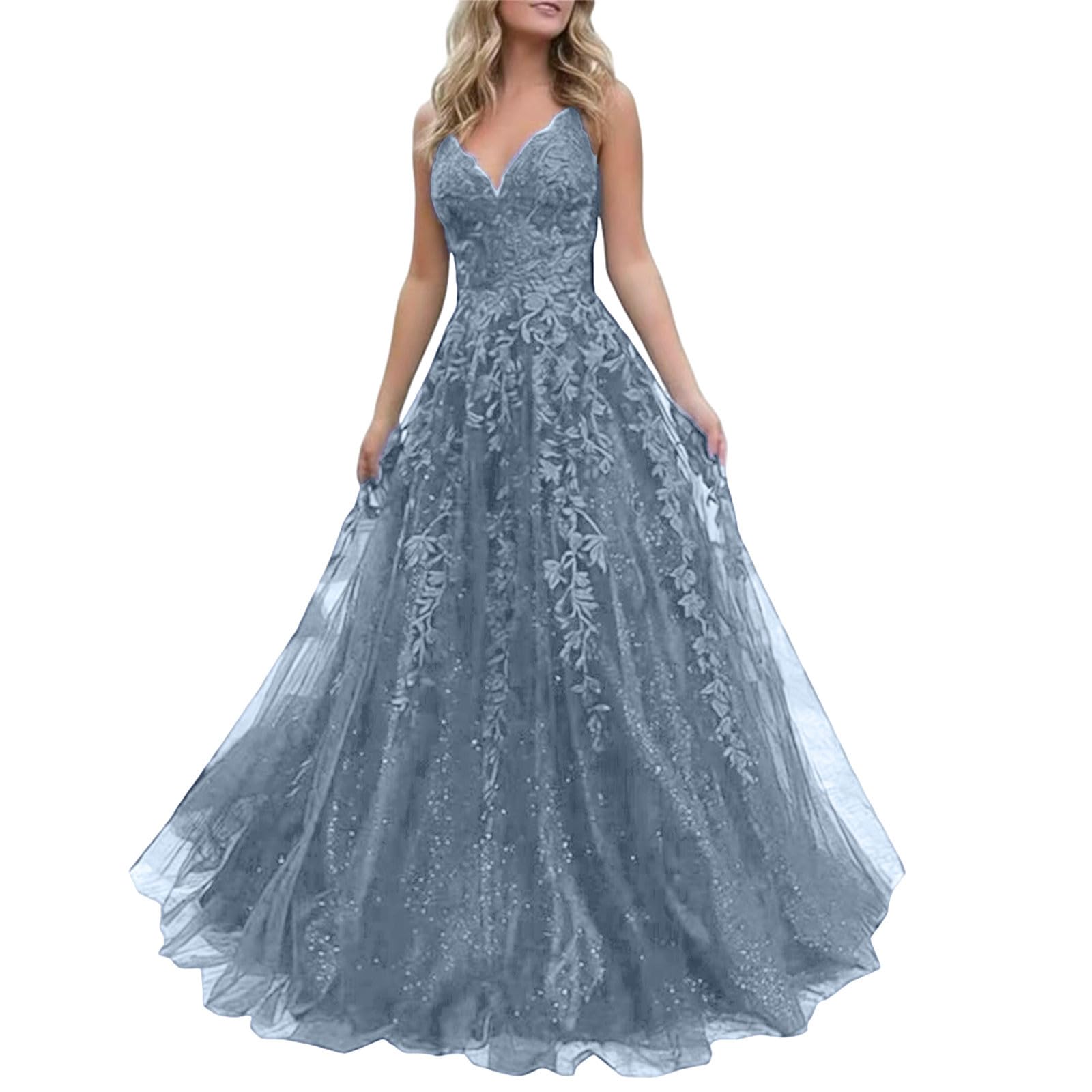 Damen Chiffon Ballkleider Lang V-Ausschnitt Spitzenapplikationen Brautjungfernkleid A-Linie Abendkleider mit Schlitz