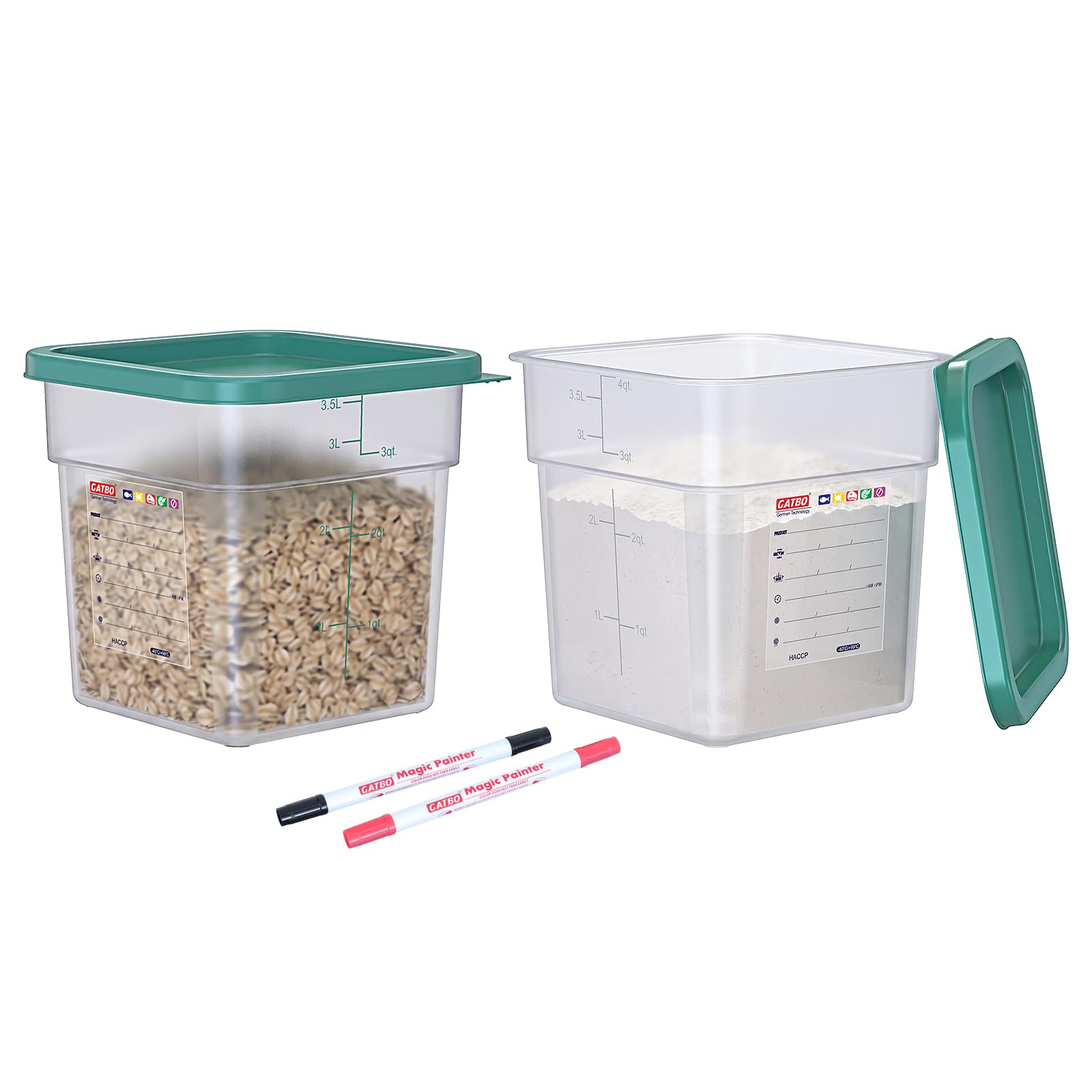 GATBO 2 Pack 3.8L Food Storage Containers with Press-On Lid, BPA-Free Polypropylene with Writable Labels, Dishwasher & Freezer Safe, Commercial Kitchen Organizers for Dry Food & Vegetables, 2 Markers