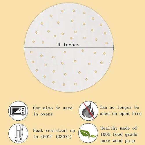 Miniatura 2 de Accesorios para freidora de aire, 9 pulgadas, 200 piezas, papel pergamino, revestimiento de vapor de bambú, perforado, antiadherente, impermeable,