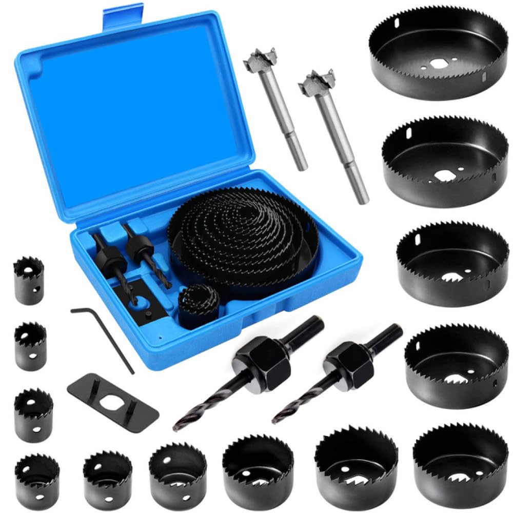 Juego de sierras perforadoras, 21 piezas, kit de sierra perforadora de 19 mm a 127 mm, mandriles de sierra perforadora, llave hexagonal con caja de almacenamiento, ideal para tableros de PVC de made