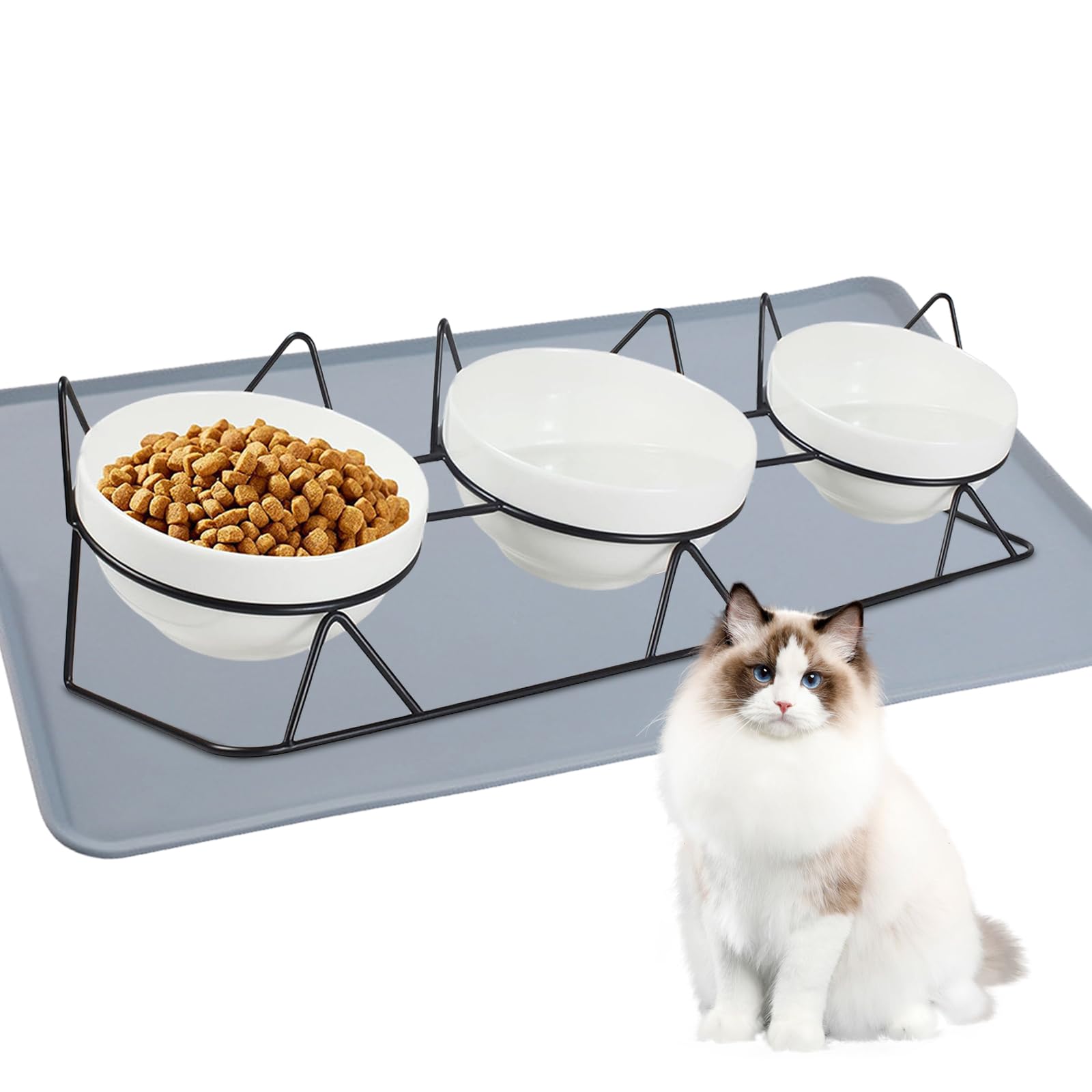 Sporgo Juego de 3 comederos elevados para gatos, de cerámica elevada, con base de silicona, comedero para gatos elevados con inclinación de 15° para gatos y perros pequeños
