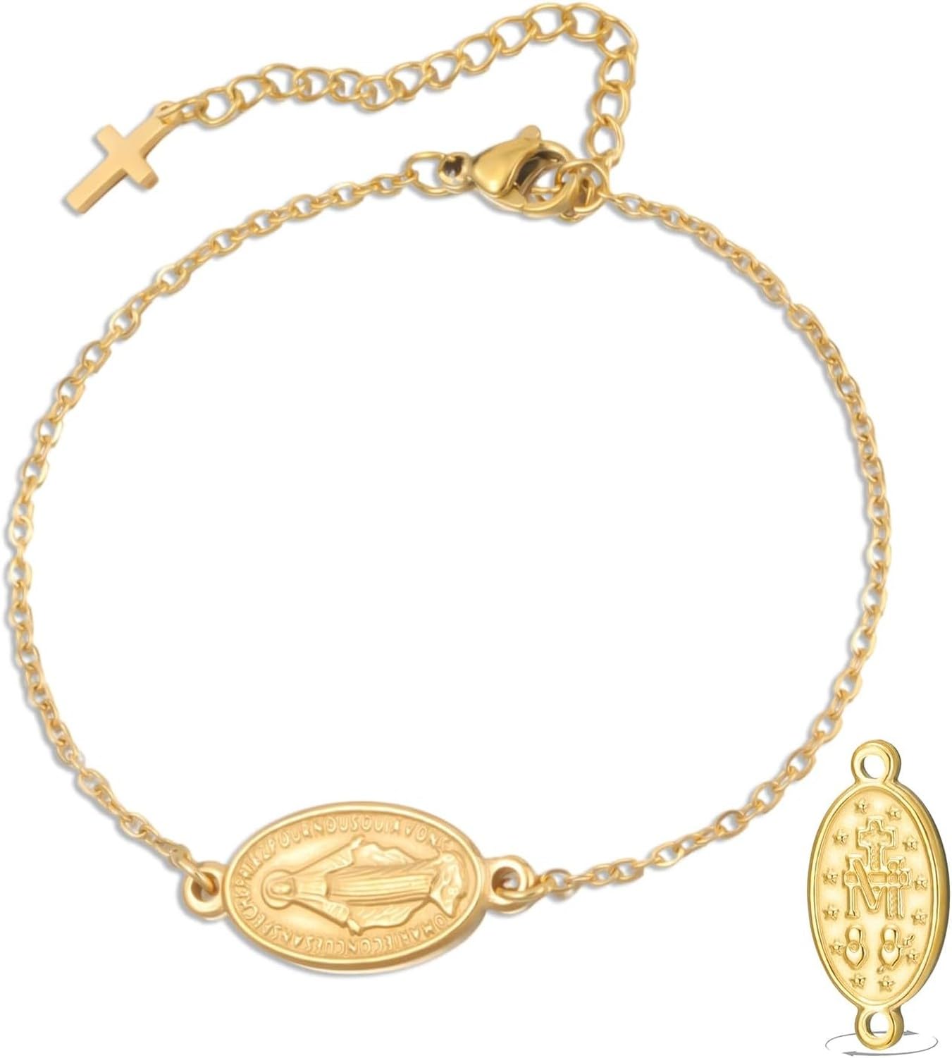 Wuufake Dispositivo portátil: pulsera doble cara con medalla de la Virgen de Guadalupe para hombre, cordón trenzado artesanal, joyería católica cristiana religiosa arte, gold 12
