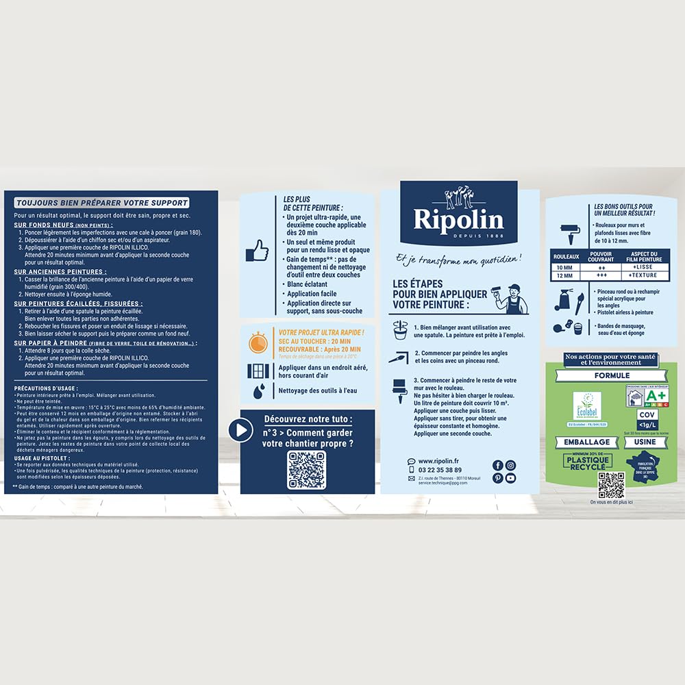 RIPOLIN - Peinture Intérieure Murs Plafonds Illico - Séchage Ultra Rapide - Acrylique - Haute Couvrance - Blanc - Mat - 10L