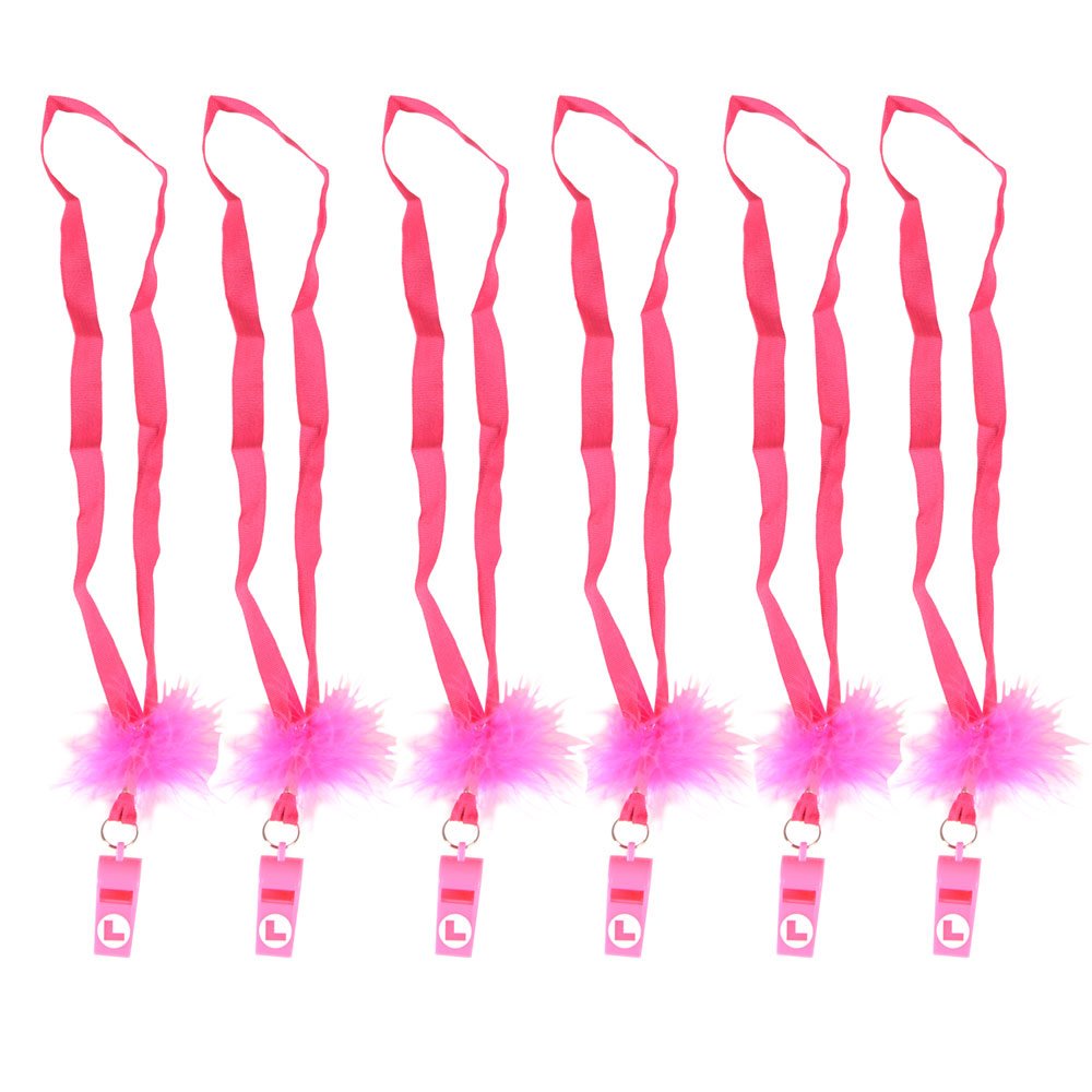 6 x Hen Night Party Pink L-Plate Whistle Pink Lanyard