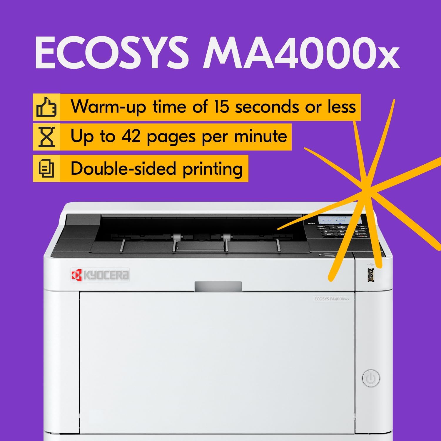 KYOCERA ECOSYS PA4000wx Monochrome Wireless Laser Printer, up to 42ppm, Gigabit Ethernet, Mobile Capabilities