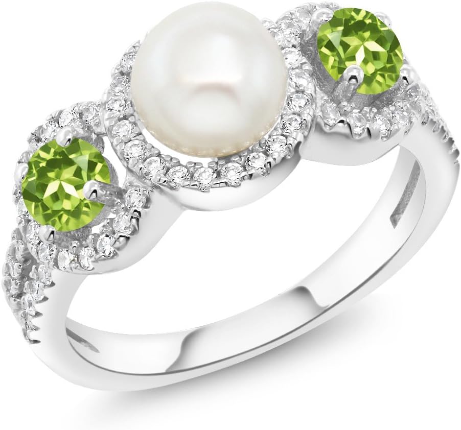 Gem Stone King Cultured Freshwater Pearl and Gemstone Birthstone Ring for Women | 925 Sterling Silver | Round 4MM | Fine Jewelry Gifts for Her Mom Women Wife