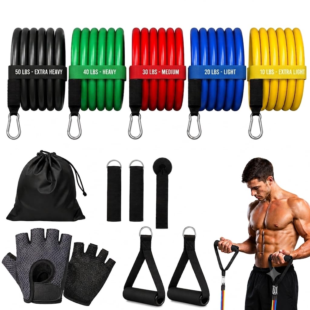 Heavy Duty Resistance Bands Set 15PCS with Gloves – Up to 150LB (68kg) Exercise Bands for Men & Women, Fitness Tubes with Handles, Ankle Straps, Door Anchor – Home Gym Workout & Physical Therapy