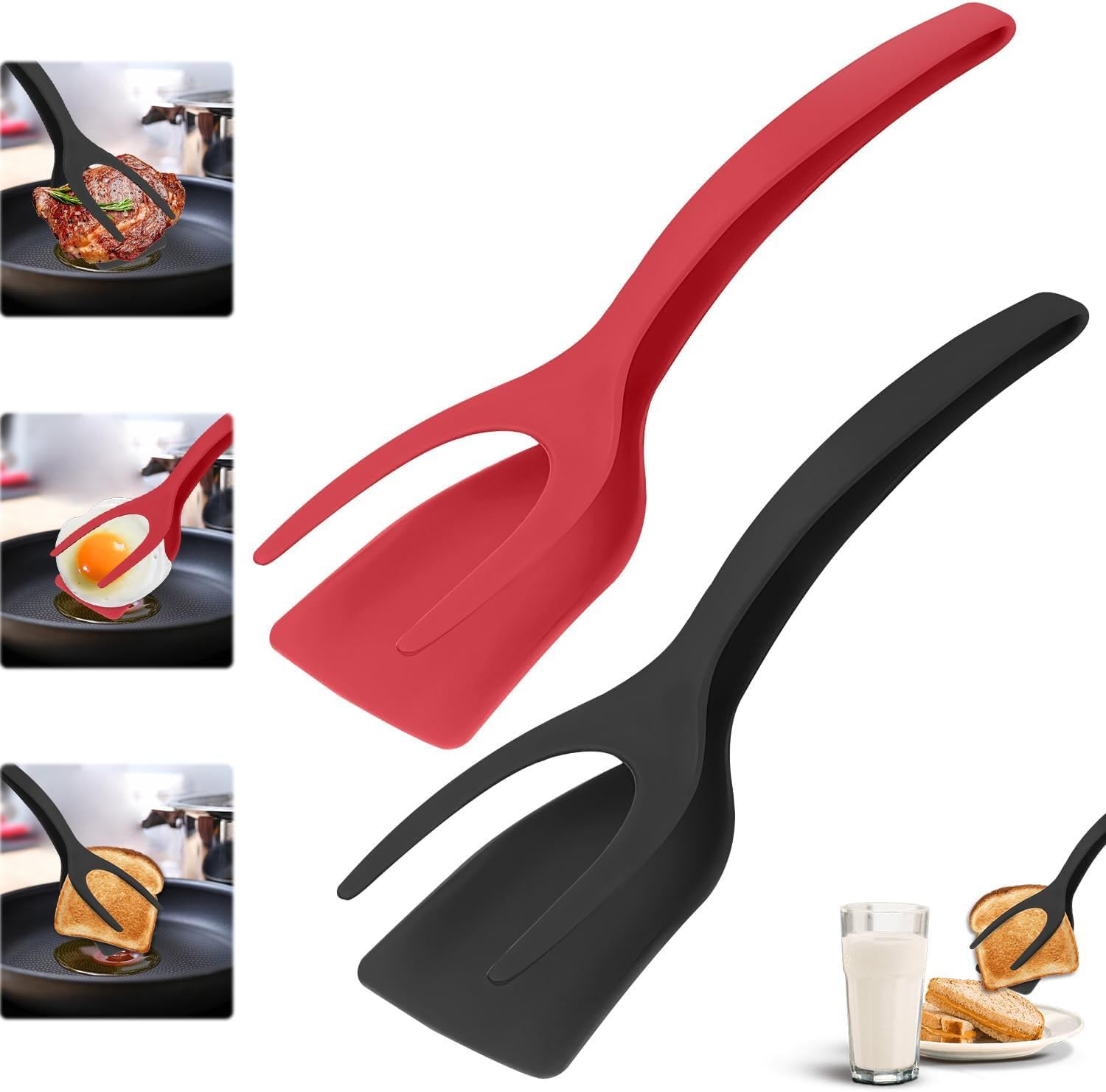 valuxe 2 in 1 Egg Spatula Grip and Flip Spatula Tongs 2pcs Nylon Fried Egg Spatula Grip Flip Tongs Turner Double Sided Egg Flipper for Bread Fish Pancake Toast