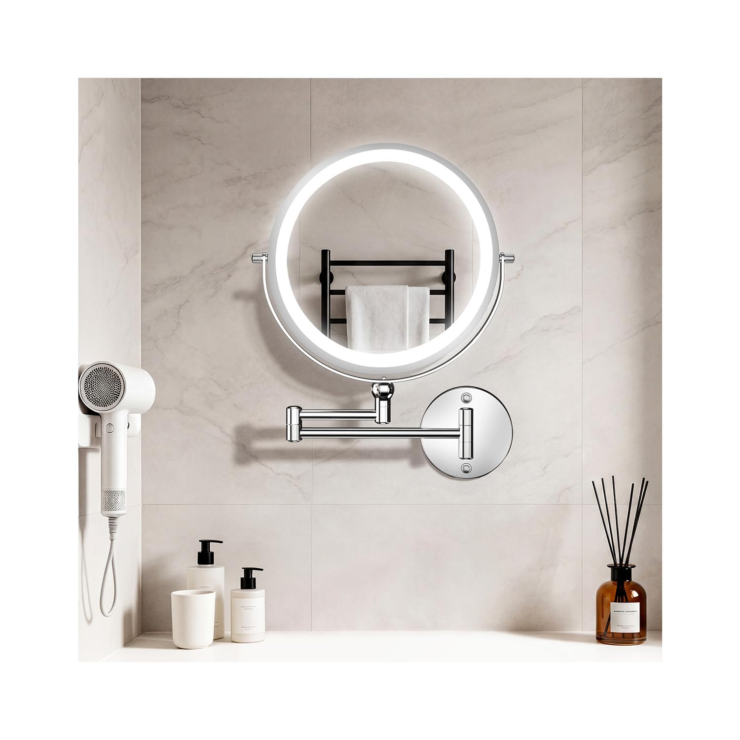 Auxmir 9'' Wall Mounted Lighted Makeup Mirror, 5000mAh Rechargeable Double Sided 30X/1X Magnifying Mirror, Height Adjustable, 360° Swivel Dimmable Shaving Mirror with Extendable Arm for Bathroom — image 1