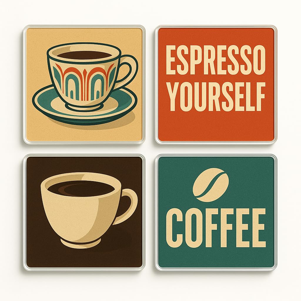 The Plum Penguin Retro Brew Bliss Acrylic Coaster Set Of 4 With Design - Vintage Coffee Lover Gift For Home Decor And Kitchen Style