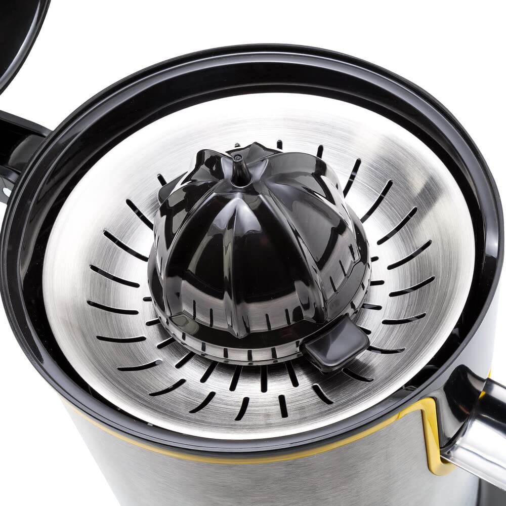 Mellerware - Exprimidor Eléctrico Profesional Juicy! 300W | Vertido Continuo | Sistema Antigoteo | 2 Filtros | 2 Conos intercambiables | Motor AC | Apto Lavavajillas | Zumos de naranjas | Amarillo