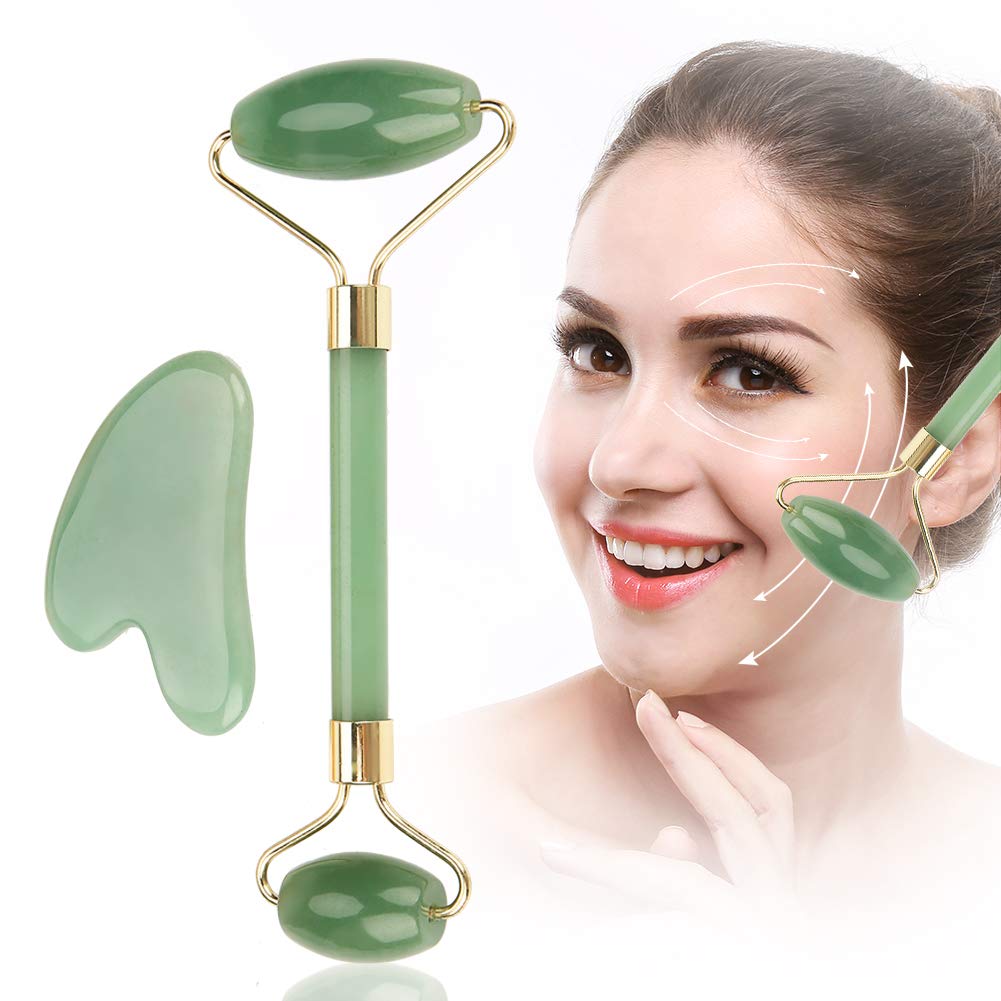 Hztyyier Herramienta de Masaje de desguace de Piedra Natural Gua Sha Tablero de Gua Sha de Cuarzo Verde con Rodillo de Jade de Doble Cabeza para Masaje Facial Relajante en el Cuello y SPA