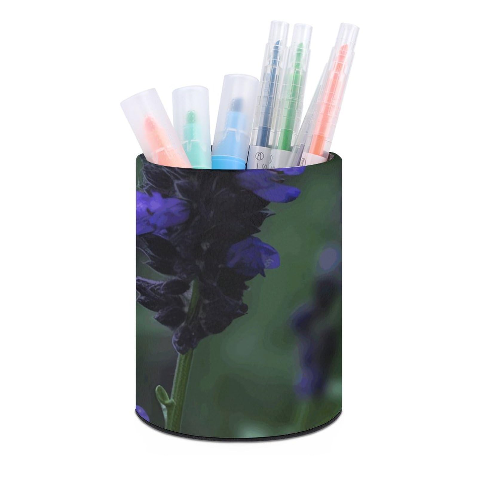 KLOPH PU Leather Pen Holder for Desk, Aesthetic Pencil Cup for Desktop, Makeup Brush Srotage for Pens Organizer Office Supplies, Lavender in The Garden Pen Cup Pencil Caddy for Home Art Supply