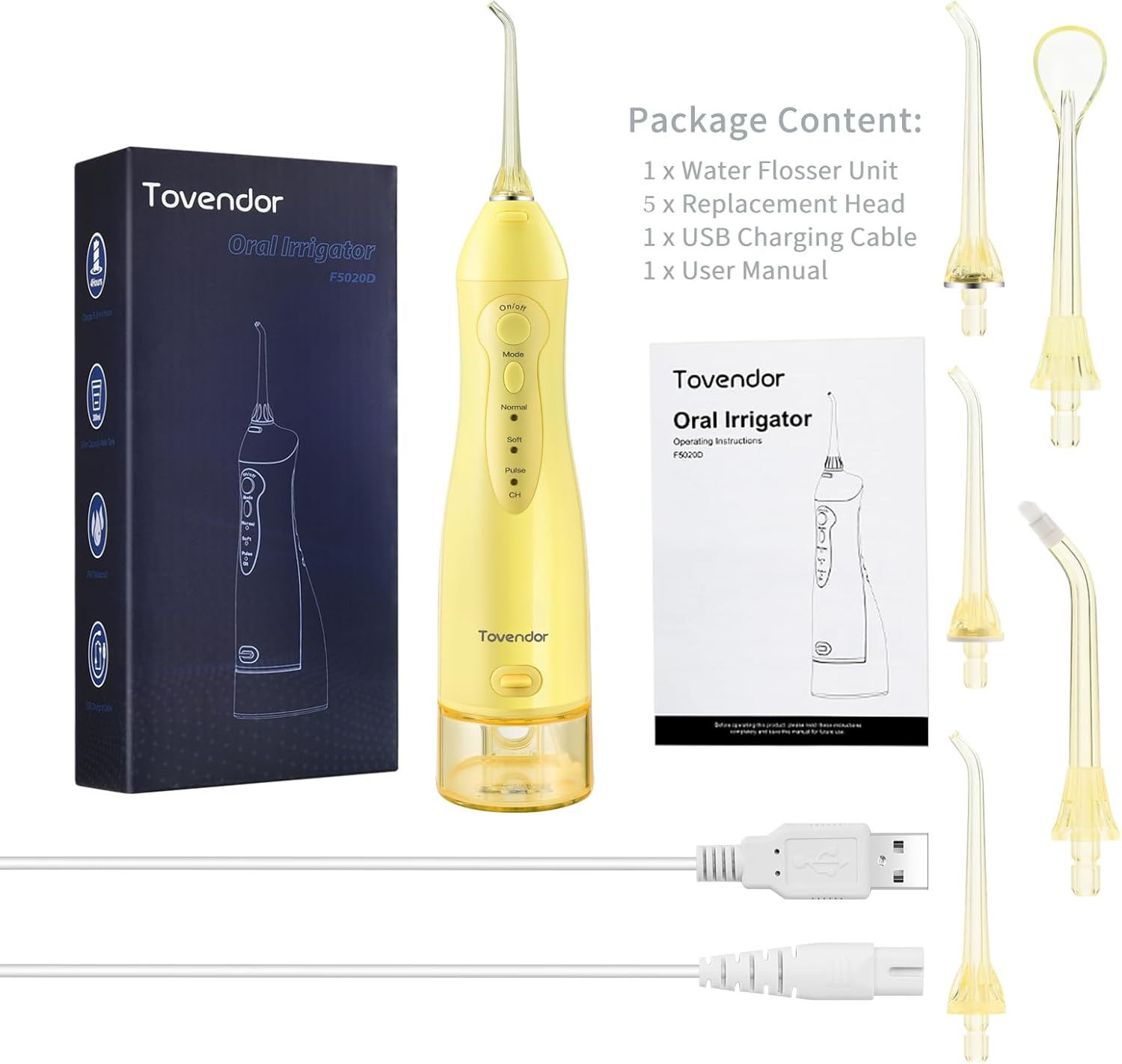 TOVENDOR Electric Water Dental Flosser Teeth Pick, Cordless Flossers Oral Irrigator IPX7 Waterproof 300ML Rechargeable Travel Water Teeth Cleaner with 5 Tips for Home Braces Care Gums Deep Cleaning