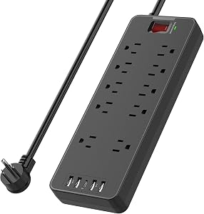 Power Strip Surge Protector with 10 Outlets & 4 USB Ports & 1 USB-C Port (5V/3A), HITRENDS 1875W/15A Flat Plug Spaced Outlets with 6 Feet Extension Cord for Home Office, ETL Listed, Black