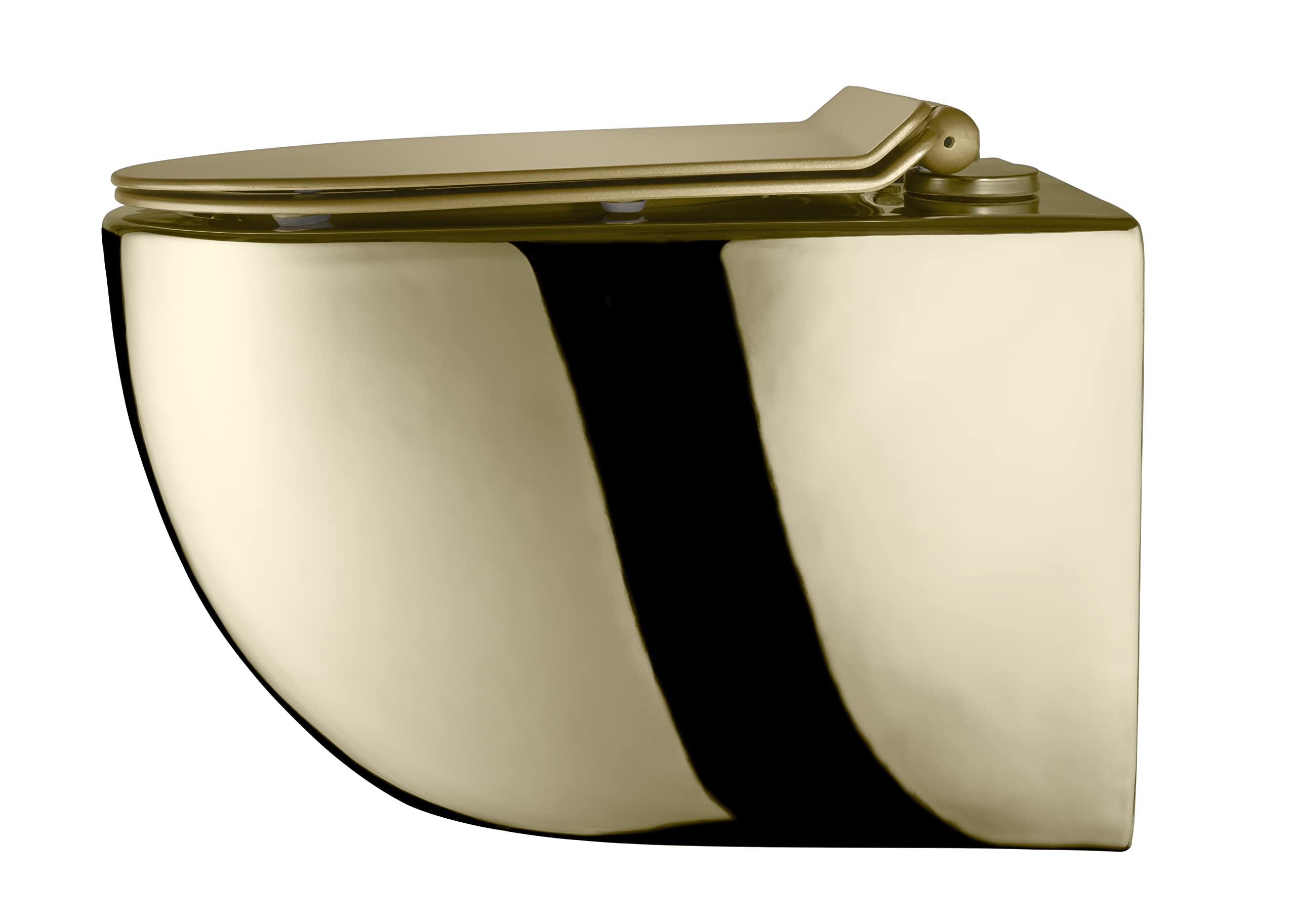 Ensemble WC Suspendu Doré Brillant - Cuvette Céramique avec Siège Softclose | Toilette murale sans bride à intérieur blanc et frein de chute. Design de luxe exclusif pour votre salle de bain moderne.