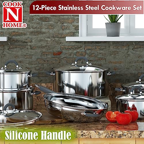 Cook N Home Stainless Cookware Sets Basics Pots And Pans, 12-Piece, Stainless Steel Grey Silicone Handle #TOP4