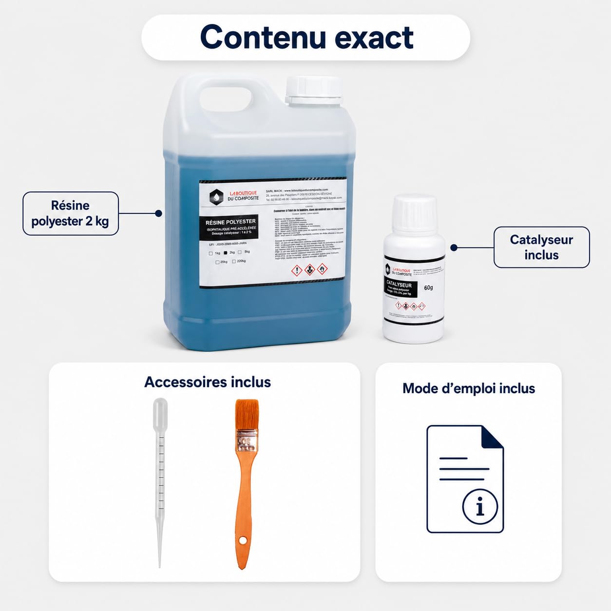 Kit Résine Polyester Marine 2Kg – Avec Catalyseur, Pipette et Pinceau – Stratification, Réparation Bateau et Composite